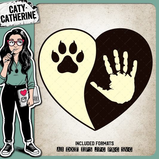 Love Heart with Hand and Pet Cat Paw Print – Pets & Animals SVG Design by Caty Catherine