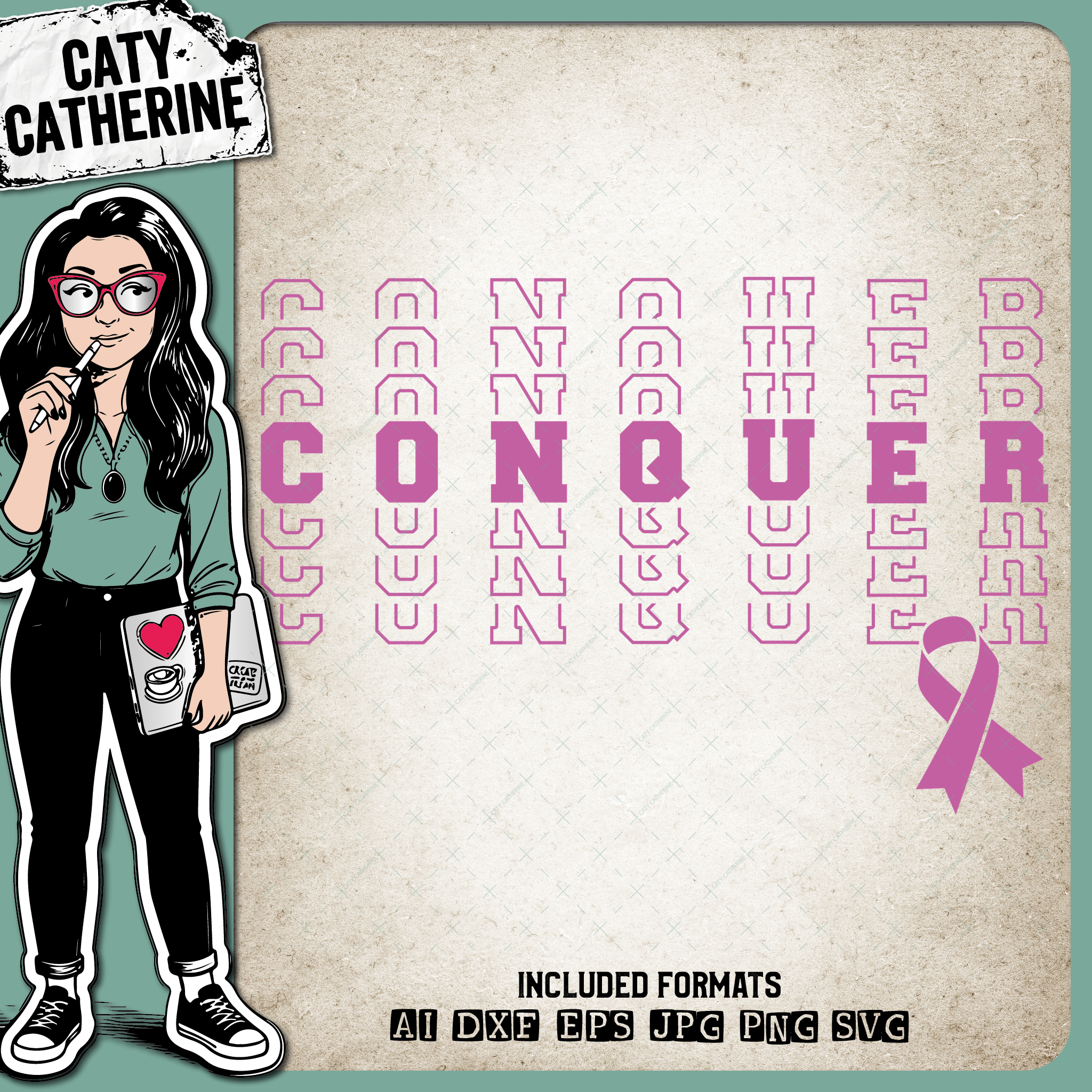 Conquer Cancer Ribbon Mirrored Stacked Letters – Health SVG Design by Caty Catherine