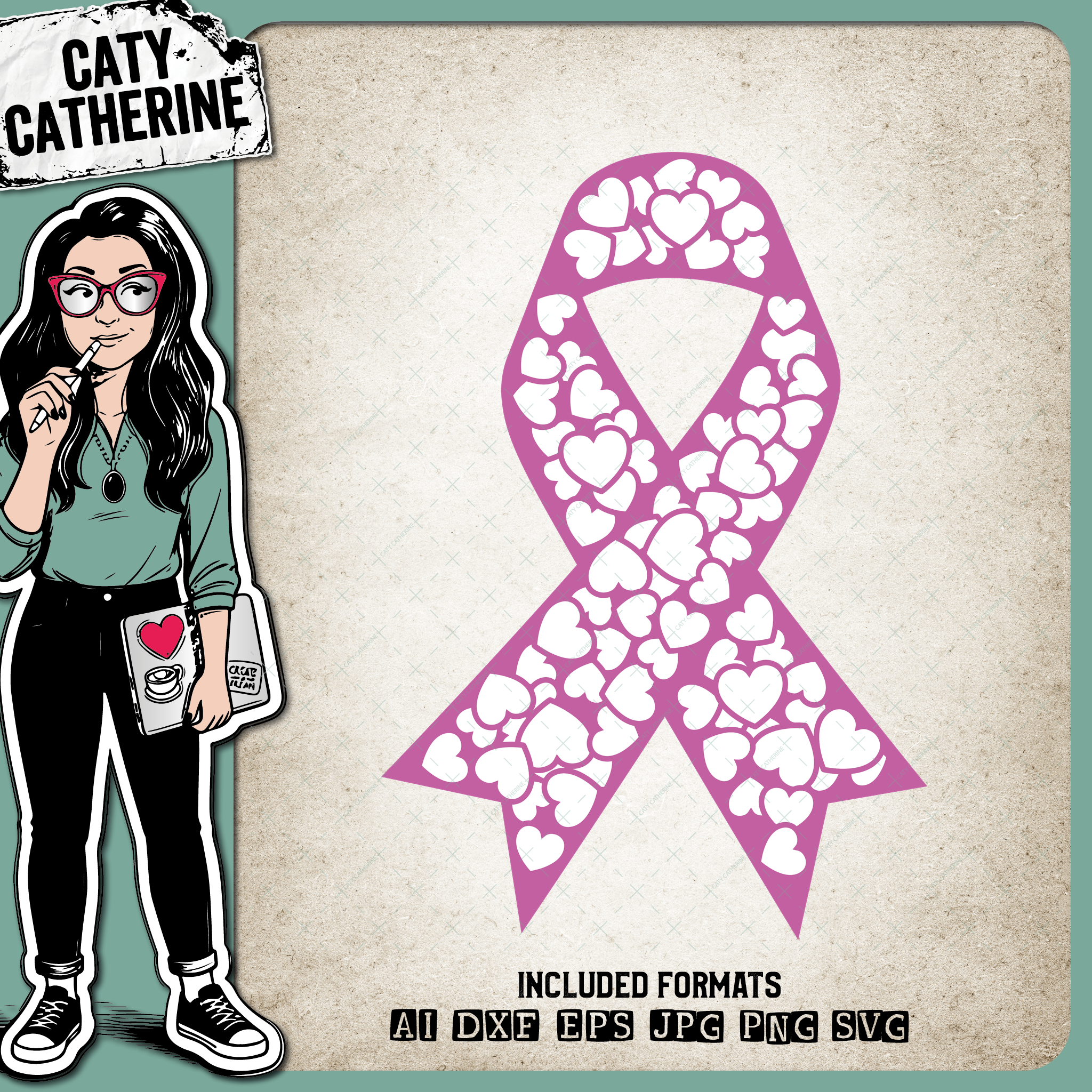 Cancer Ribbon with Love Hearts – Health SVG Design by Caty Catherine