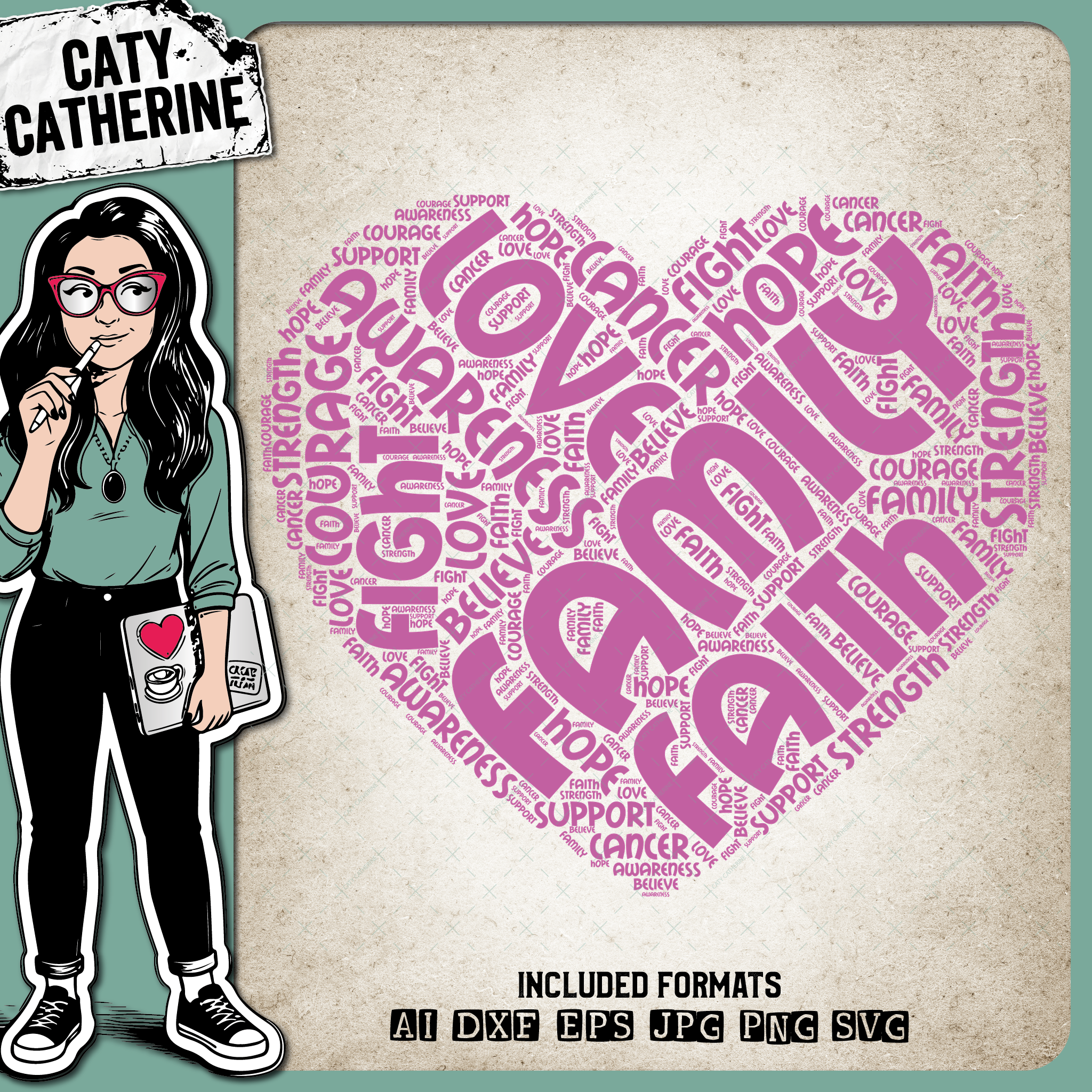 Cancer Awareness Word Art Love Heart – Health SVG Design by Caty Catherine