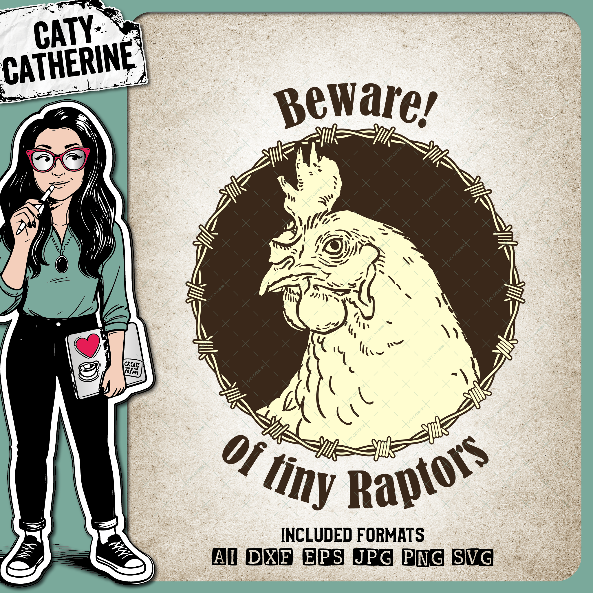 Beware Of Tiny Raptors Chicken Hen Barbed Wire Farm – Home Decor SVG Design by Caty Catherine