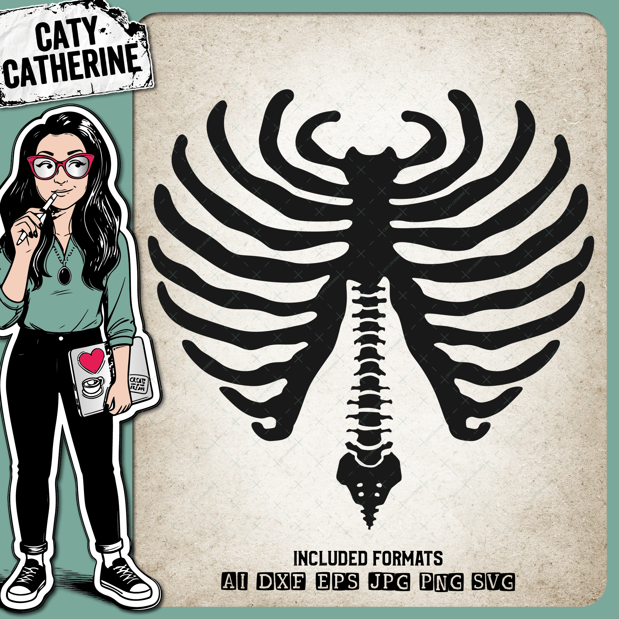 Halloween Bones Love Heart Rib Cage Thoracic Cage and Spine – SVG Design by Caty Catherine