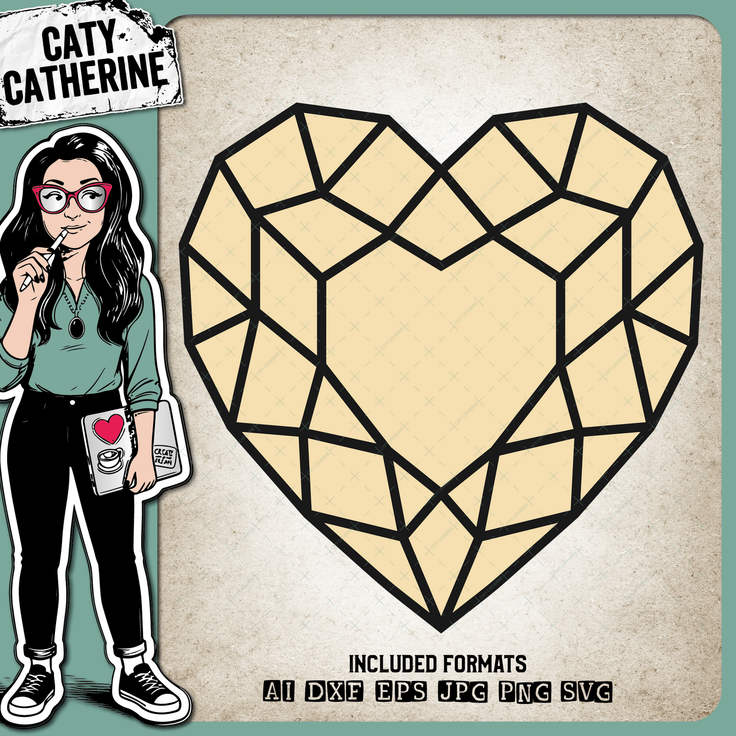 Gemstone Diamond Love Heart Outline – SVG Design by Caty Catherine