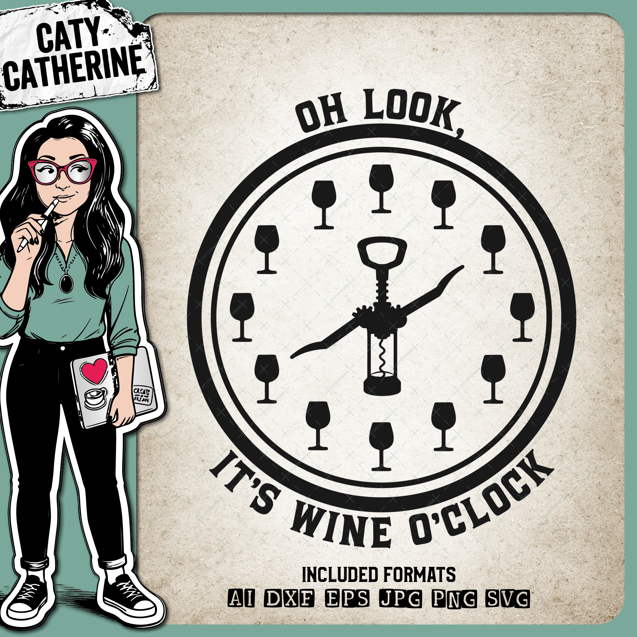 Oh Look It's Wine O'Clock Funny Wine Lover Corkscrew Clock – Food & Drink SVG Design by Caty Catherine
