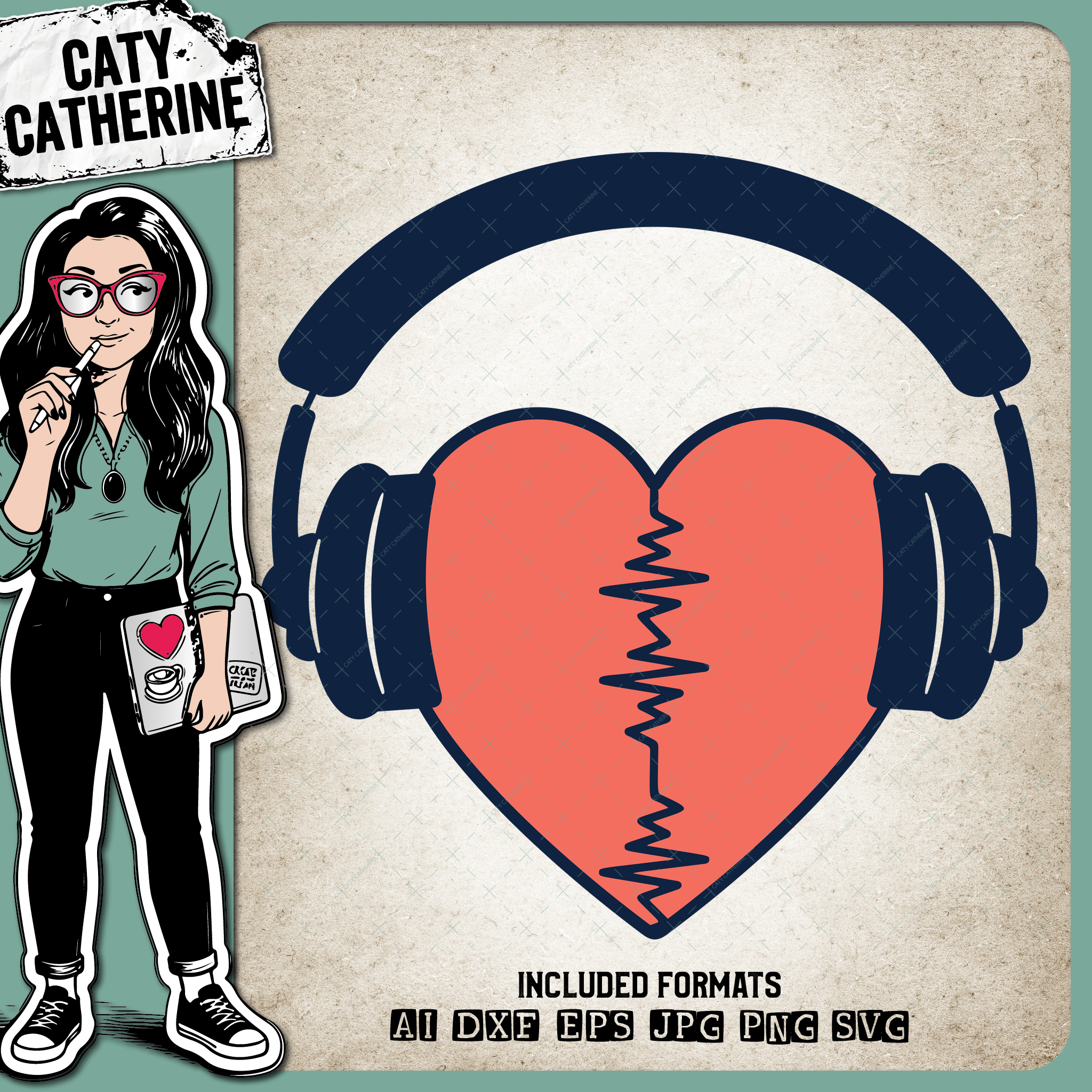 Love Heart Heartbeat with Headphones Music Lover – SVG Design by Caty Catherine