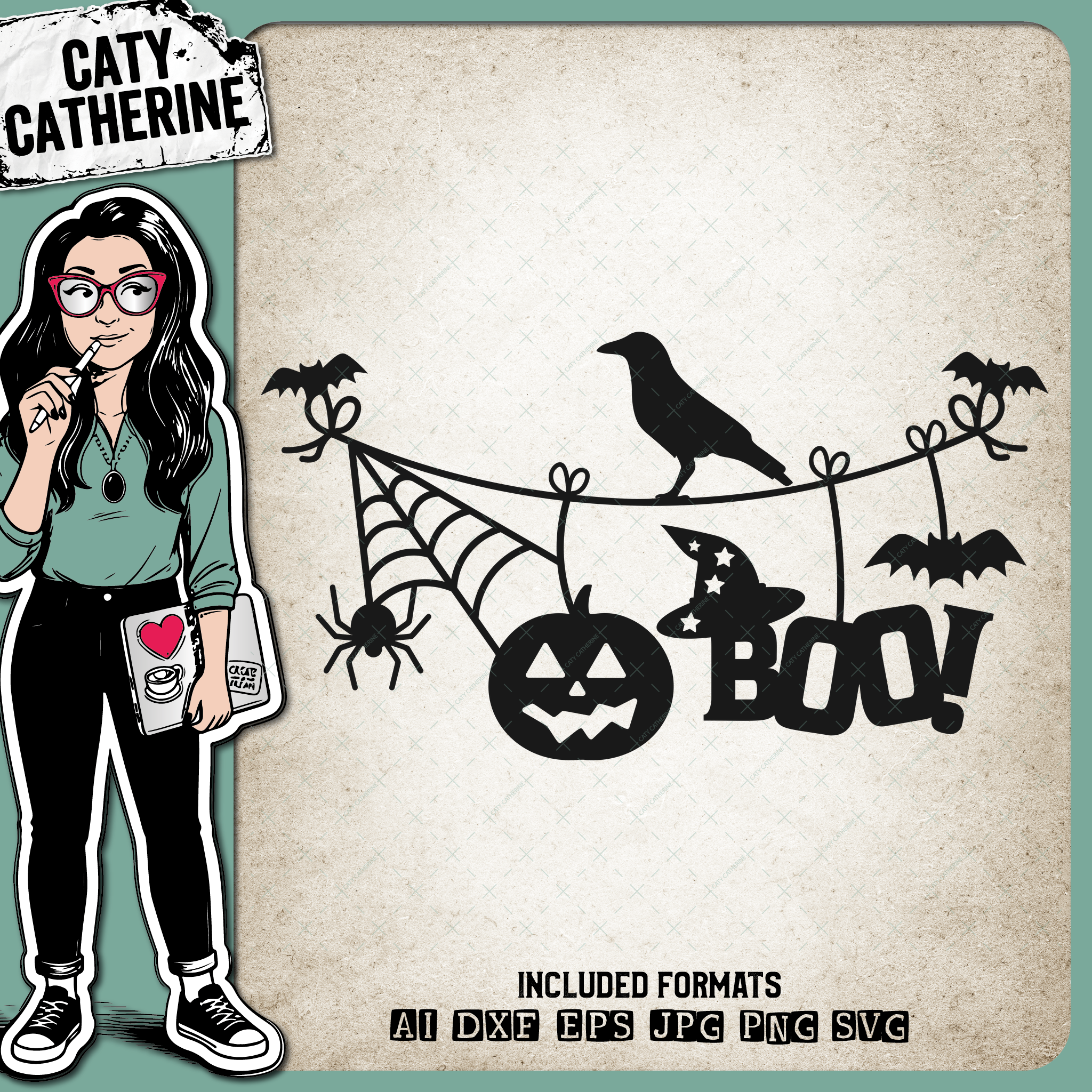 Halloween Banner Garland Decoration Crow Bat Spider Pumpkin Boo – SVG Design by Caty Catherine