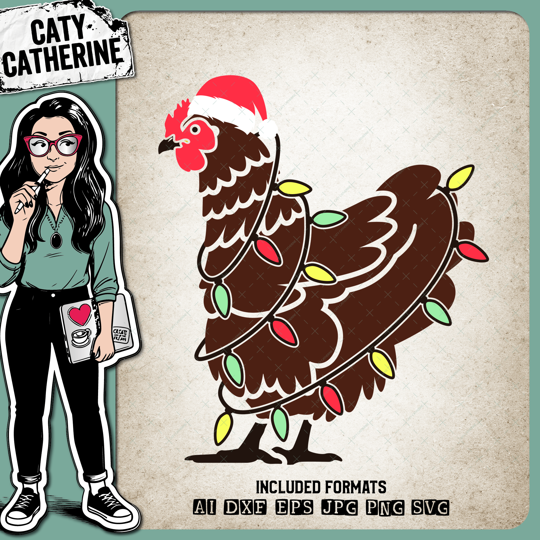 Chicken Hen with Santa Hat and Christmas Lights – SVG Design by Caty Catherine