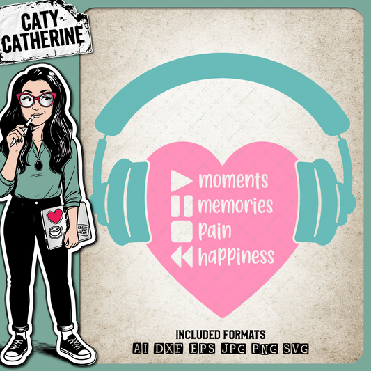 Play Moments Pause Memories Stop Pain Replay Happiness Music Love Heart Headphones Quote – SVG Design by Caty Catherine