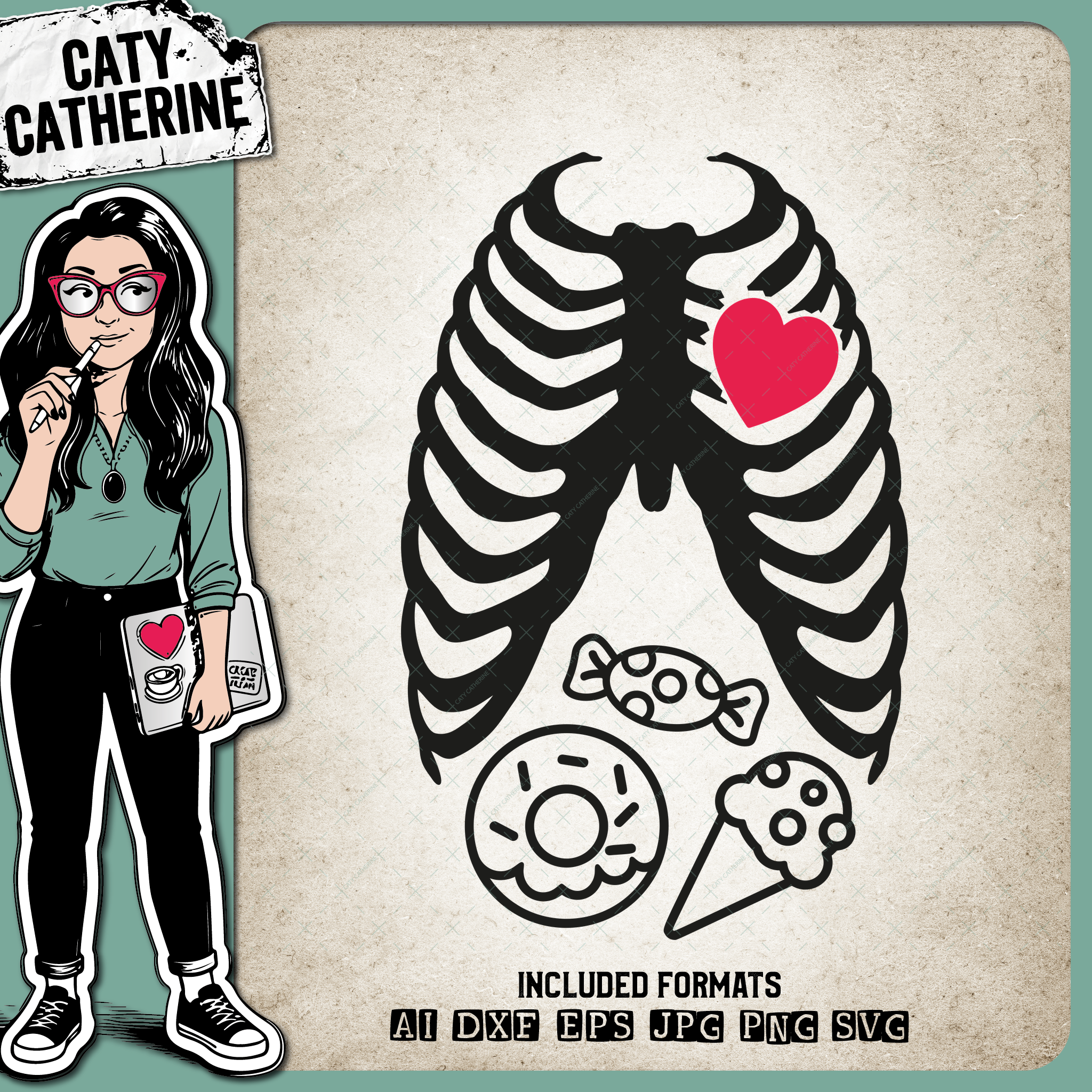 Kids Ribs with Love Heart and Stomach Full of Sweets Ice Cream and Donuts Doughnuts Halloween – SVG Design by Caty Catherine