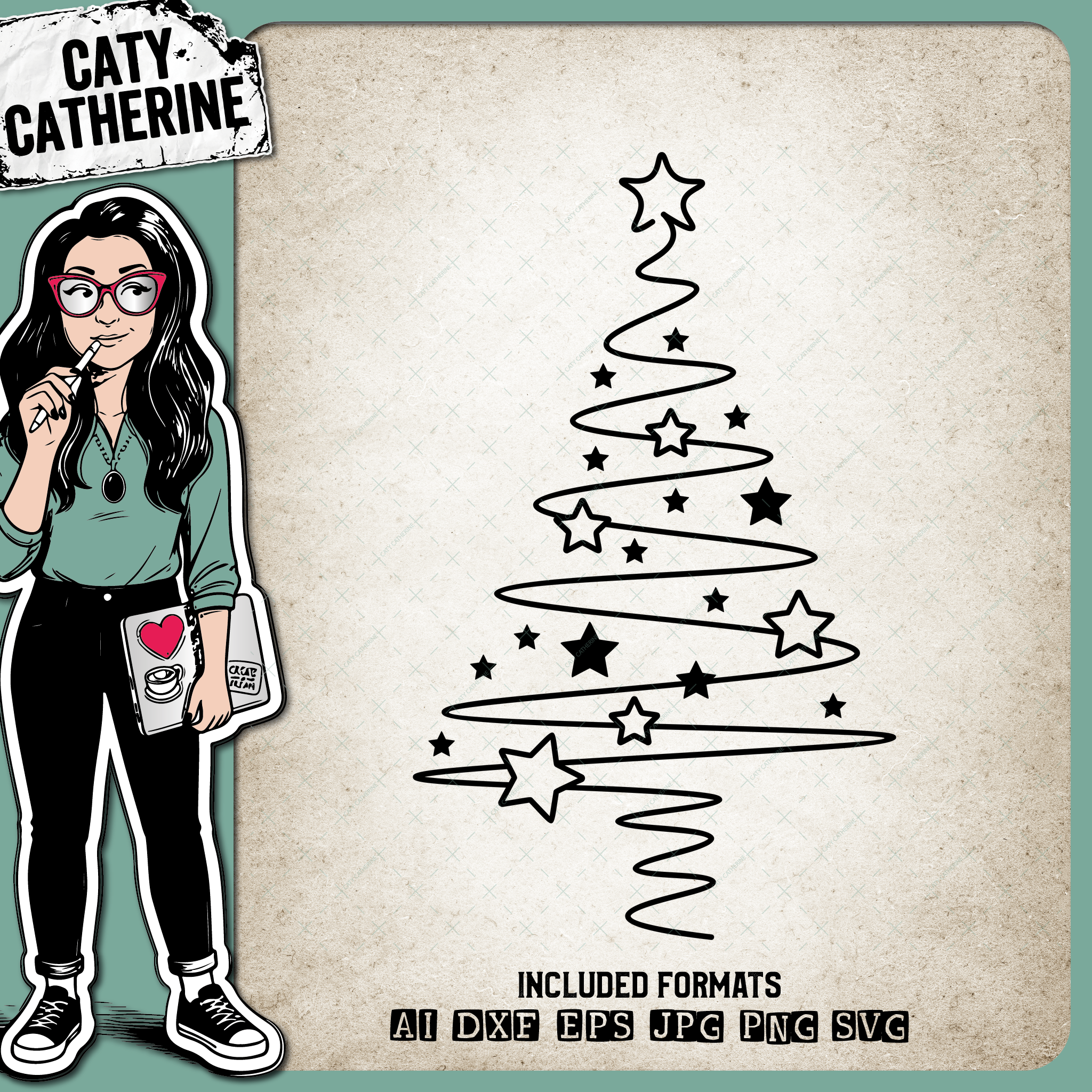 Simple Christmas Tree Line Art with Stars – SVG Design by Caty Catherine