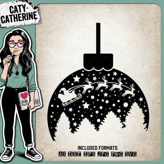 Christmas Scene Bauble Pine Trees Snow Stars Santa's Sleigh & Reindeer – SVG Design by Caty Catherine