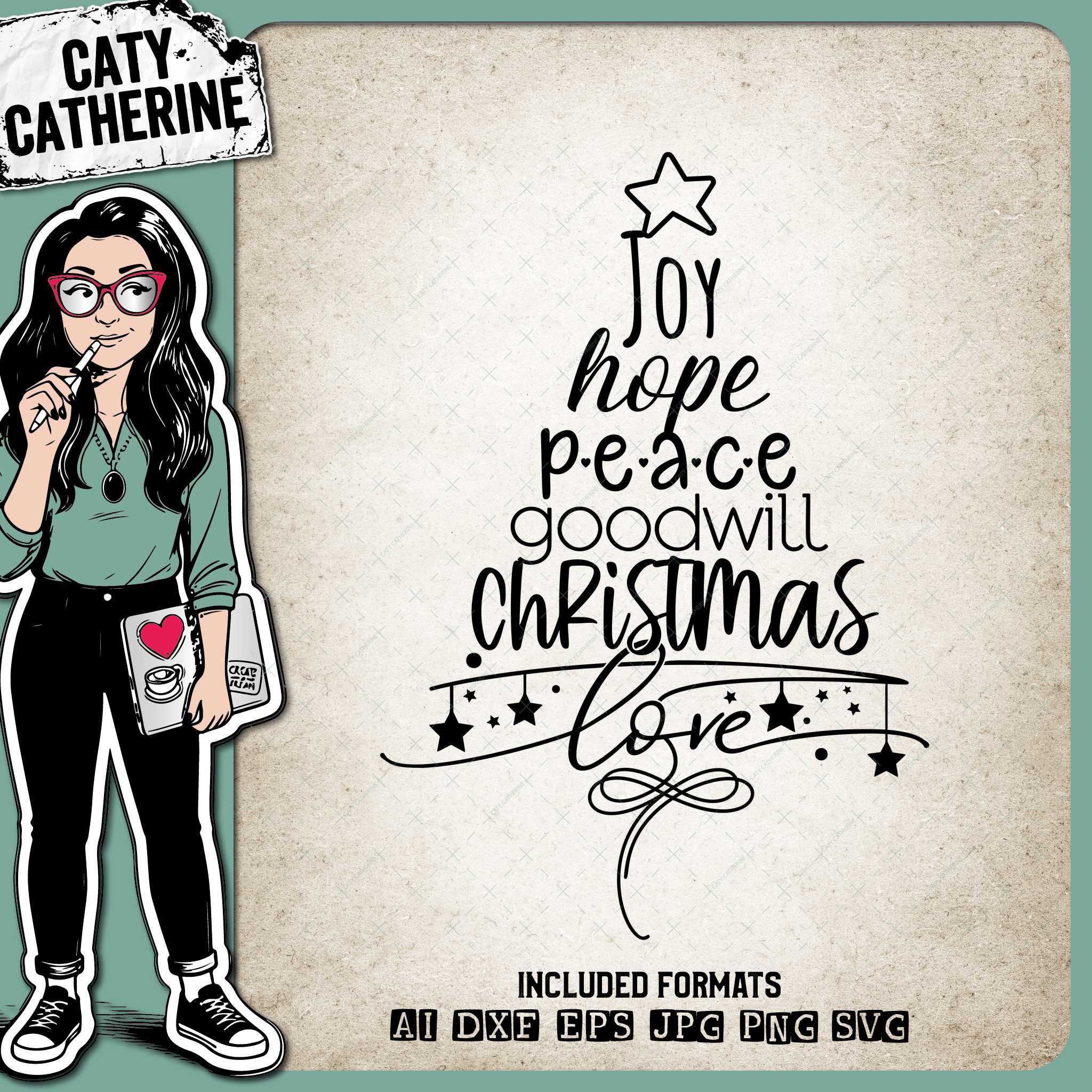 Joy Hope Peace Goodwill Love Christmas Tree Line Art Christmas – SVG Design by Caty Catherine