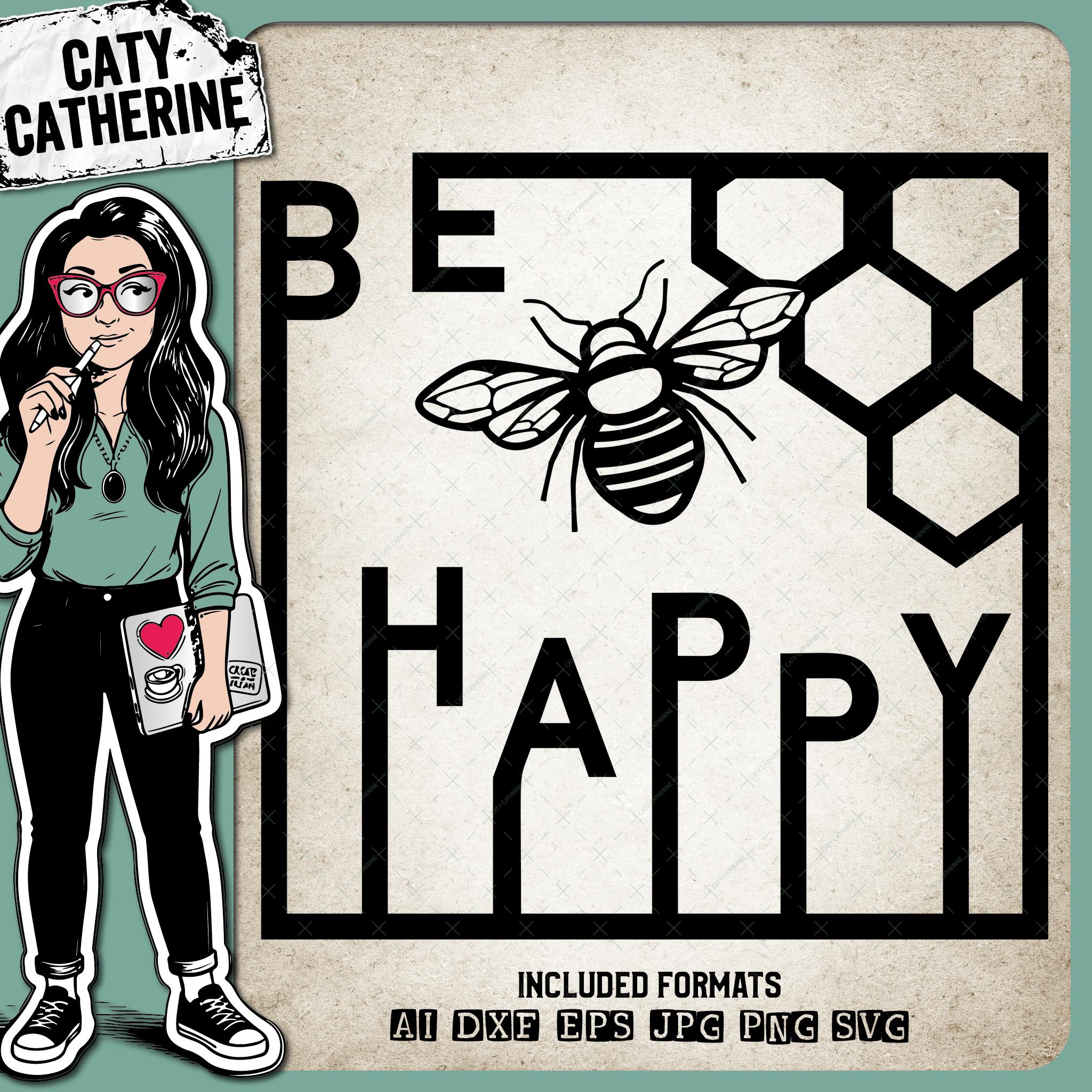Be Happy Square Frame with Honeycomb & Bee Quote – Quotes & Sayings SVG Design by Caty Catherine
