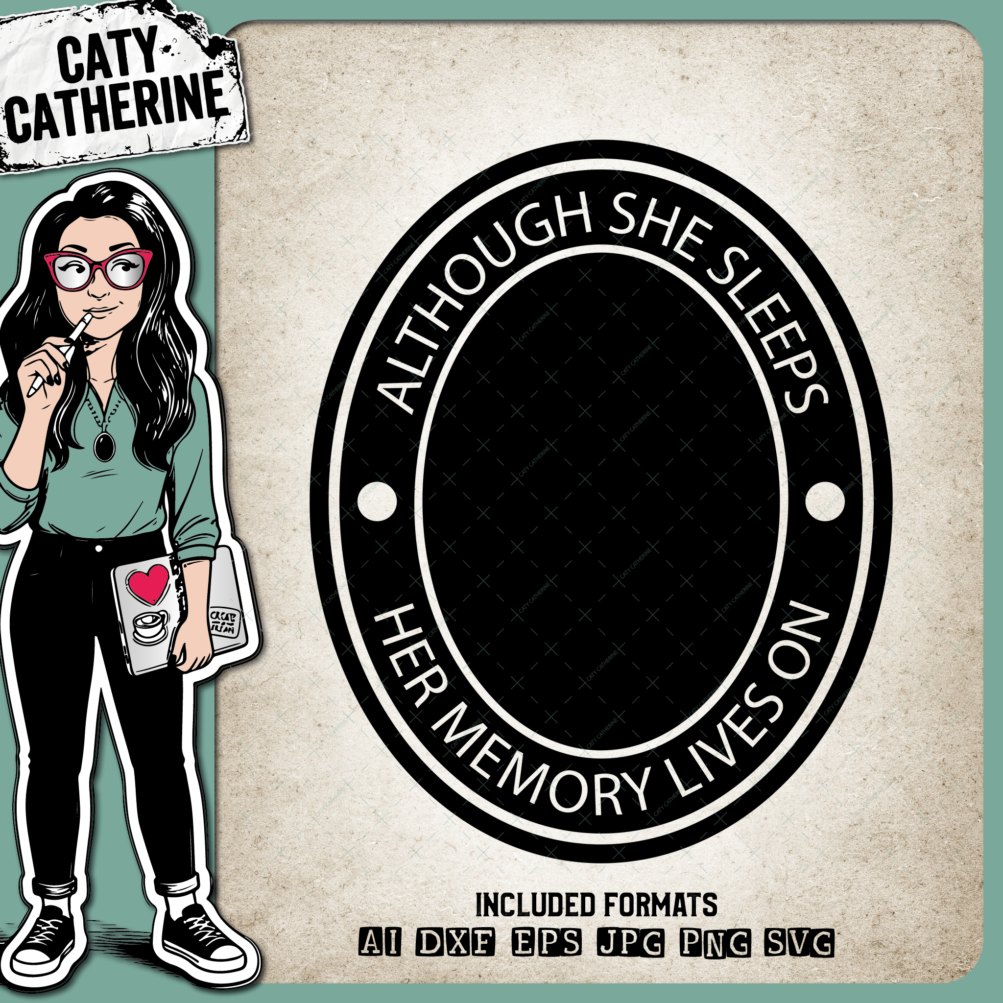 Oval Although She Sleeps Her Memory Lives On In Memory Of Remembrance – SVG Design by Caty Catherine