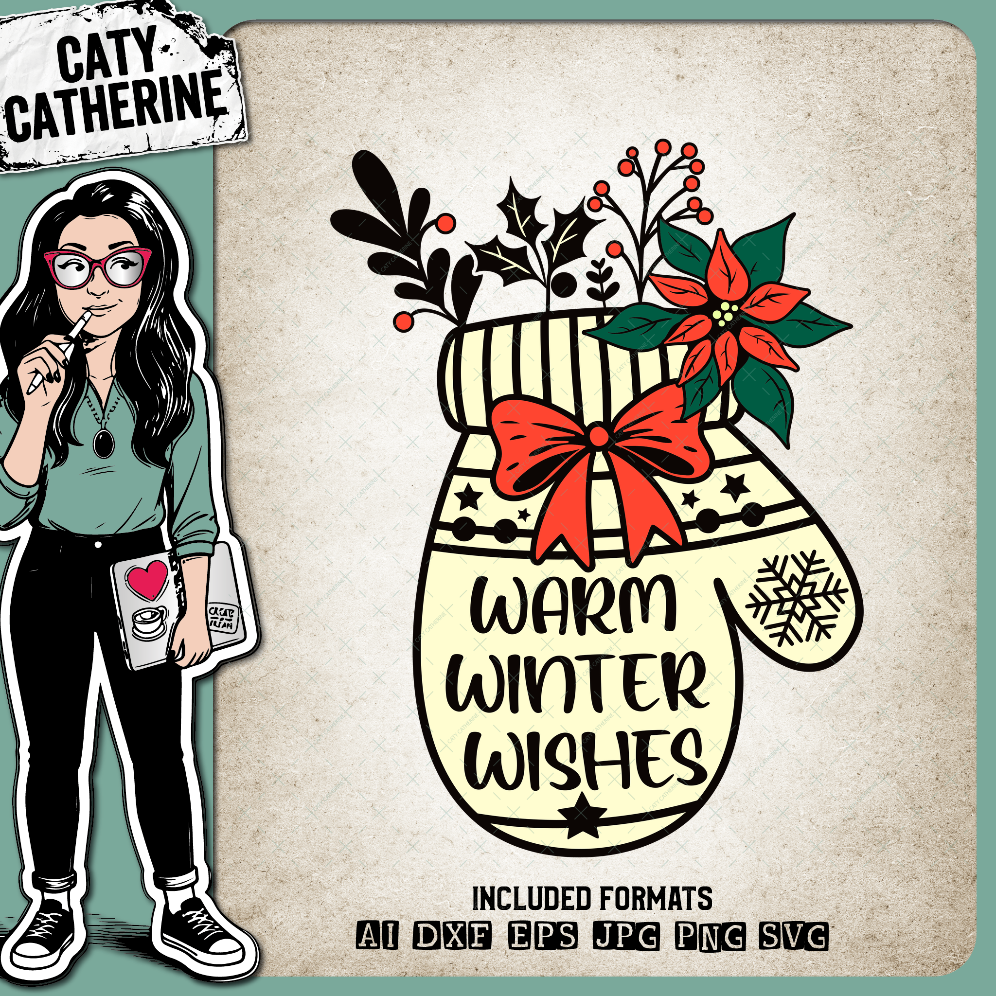 Warm Winter Wishes Christmas Quote Floral Mitten Glove – SVG Design by Caty Catherine