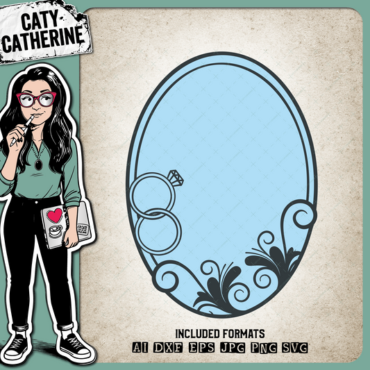 Oval Wedding Anniversary Picture Frame with Floral Details And Wedding Rings – SVG Design by Caty Catherine