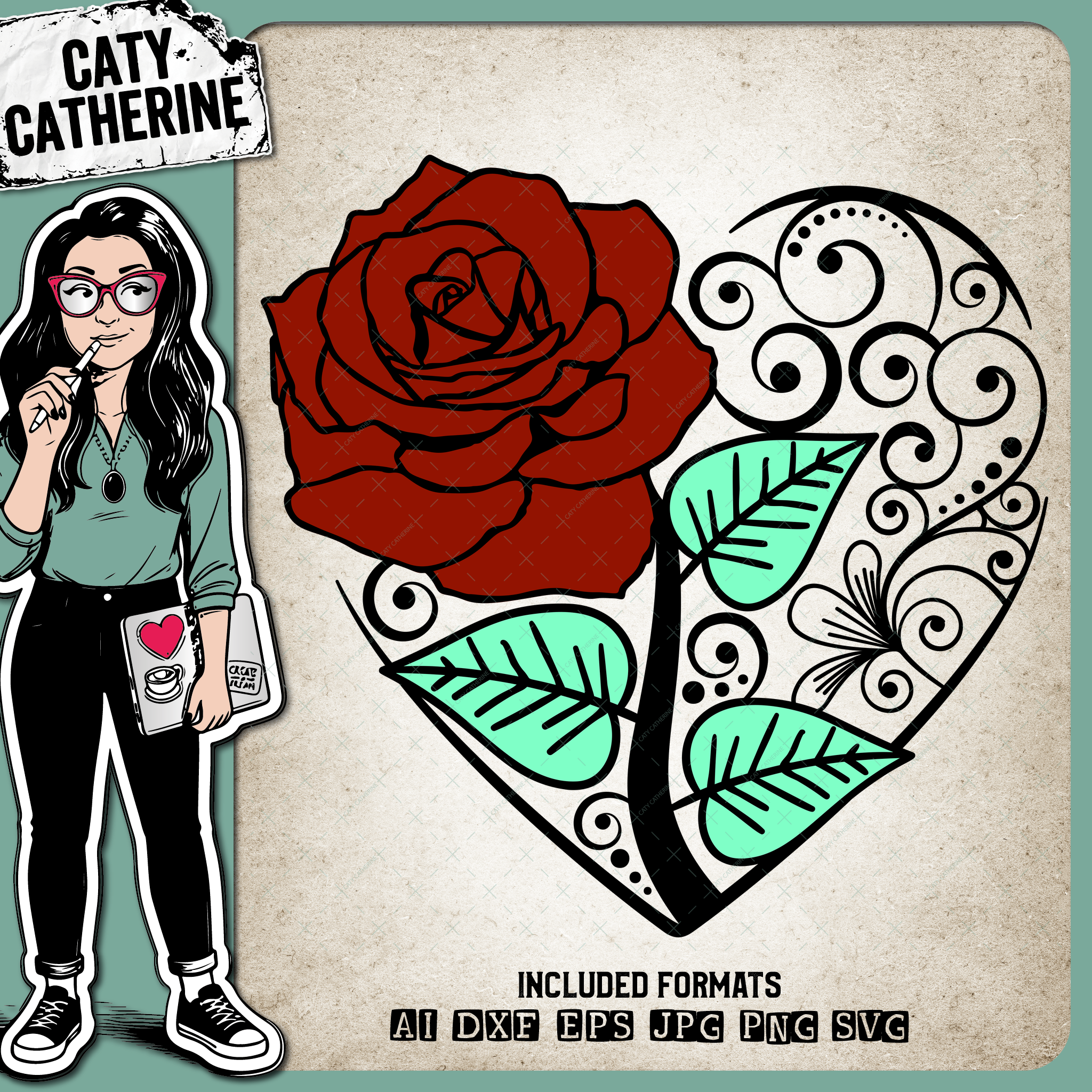 Love Heart with Rose – SVG Design by Caty Catherine