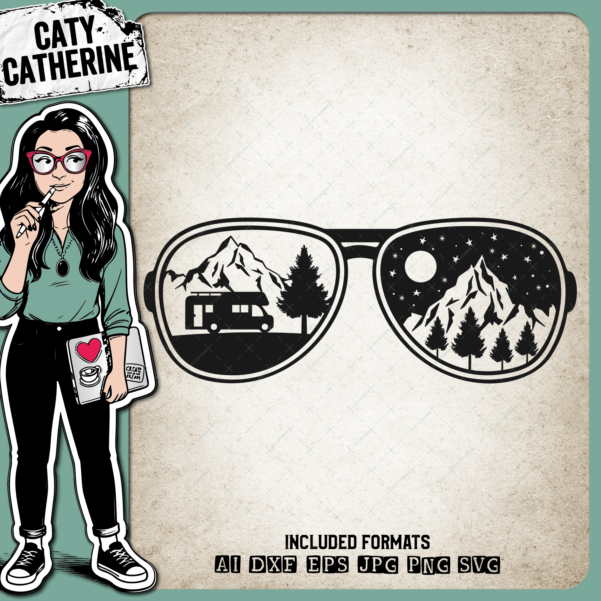 Camper RV Camping Scene Inside Sunglasses With Mountains And Trees Nature Outdoors Adventure – SVG Design by Caty Catherine