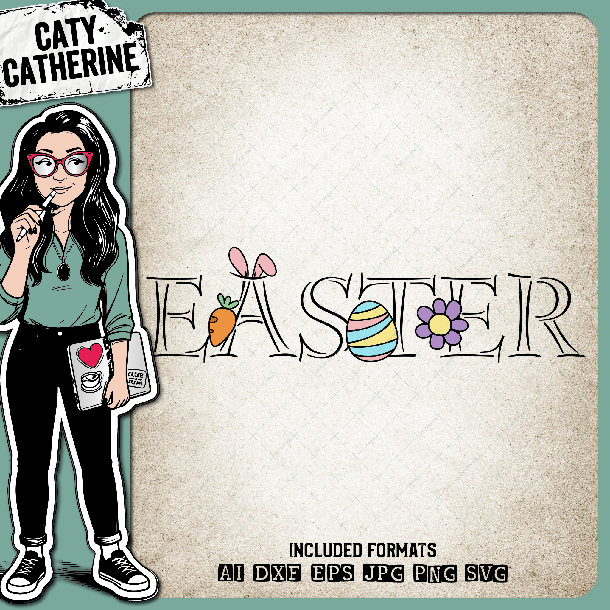 Easter Graphic with Bunny Ears Carrot Egg & Flower – SVG Design by Caty Catherine