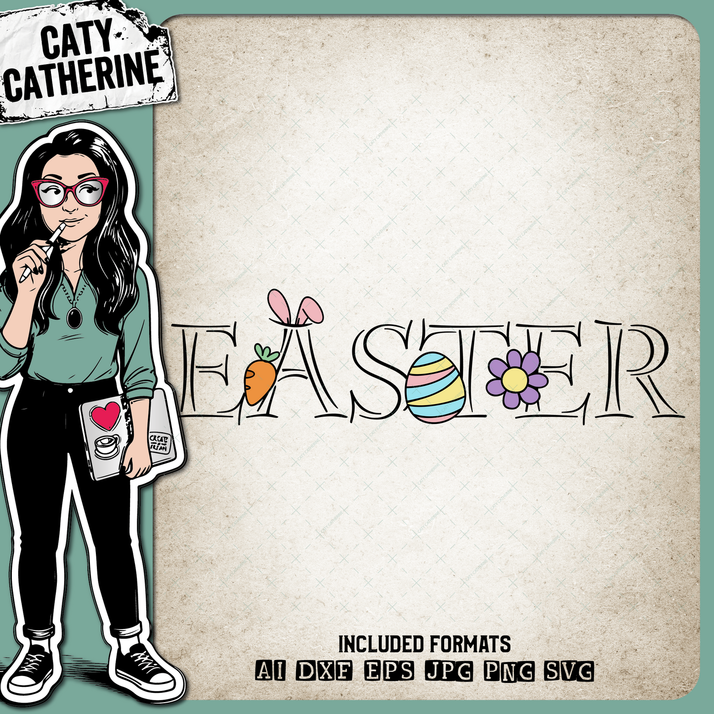 Easter Graphic with Bunny Ears Carrot Egg & Flower – SVG Design by Caty Catherine