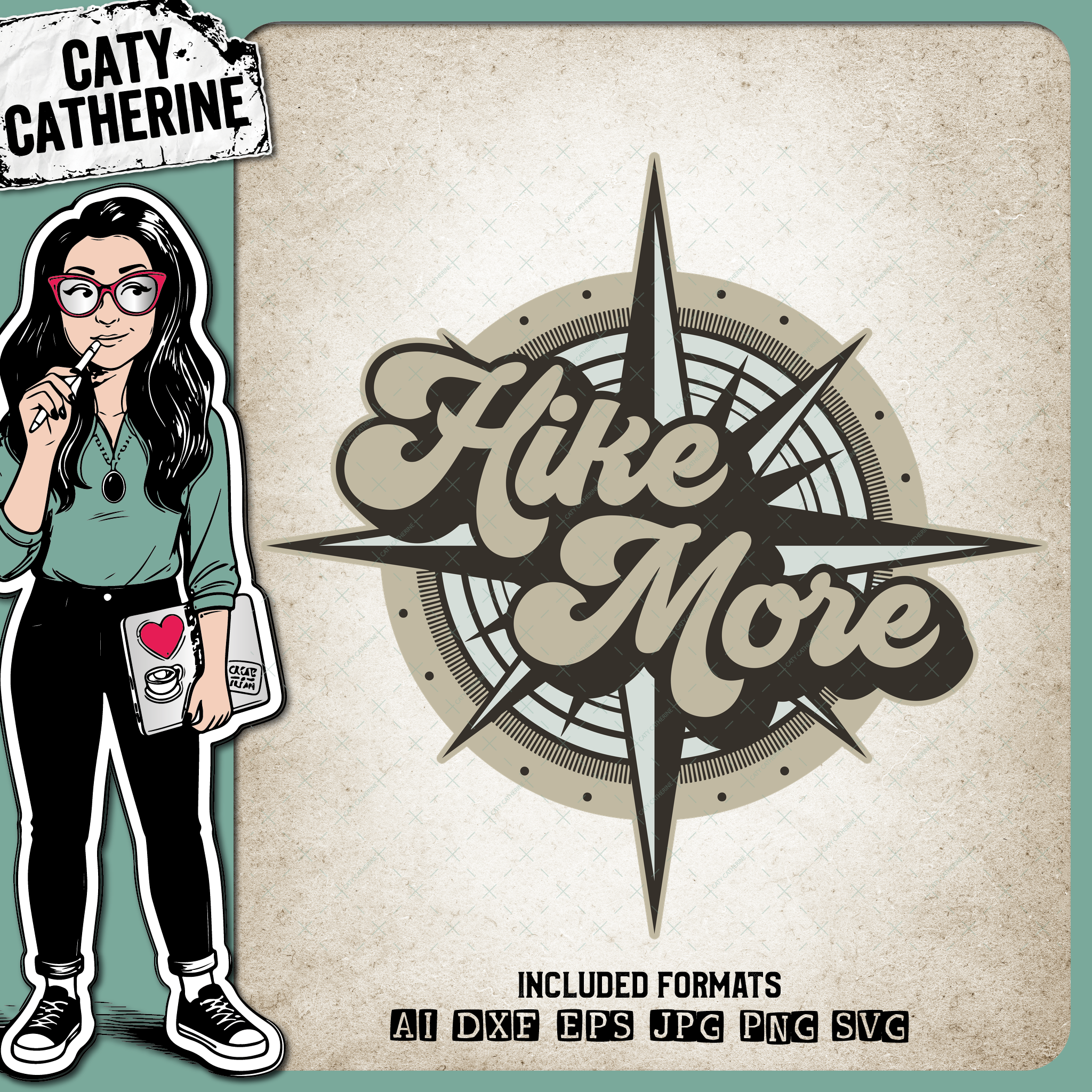 Hike More Hiking Quote with Compass – Outdoors SVG Design by Caty Catherine