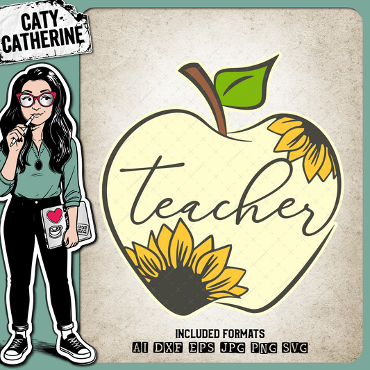 Teacher Apple Graphic With Sunflowers Teacher Appreciation – Education SVG Design by Caty Catherine