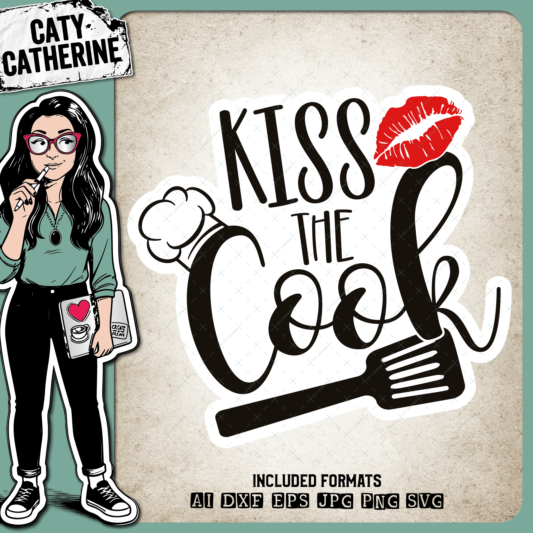 Kiss The Cook Funny Kitchen Cookery Quote – Food & Drink SVG Design by Caty Catherine