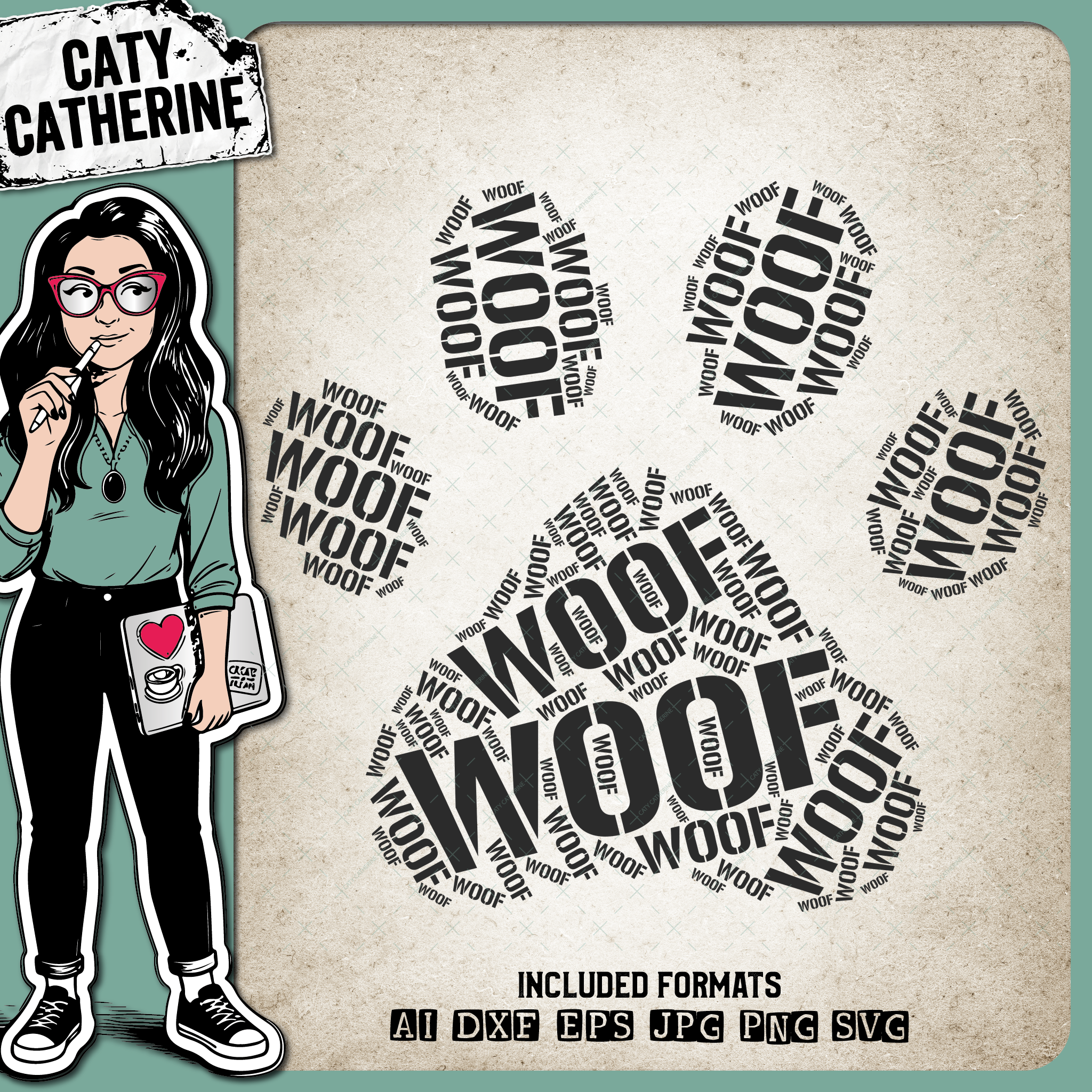 Paw Print Woof Word Art – Pets & Animals SVG Design by Caty Catherine