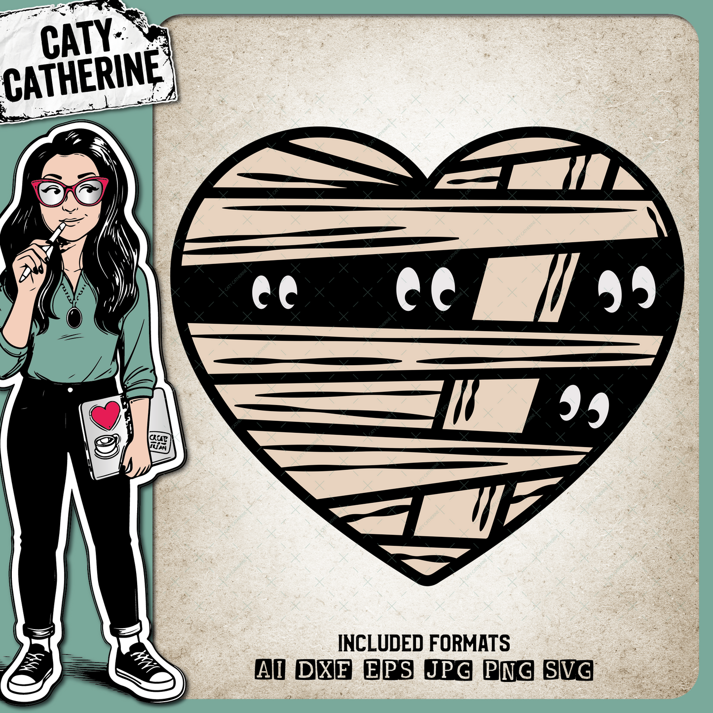 Halloween Mummy Bandage Love Heart with Eyes – SVG Design by Caty Catherine