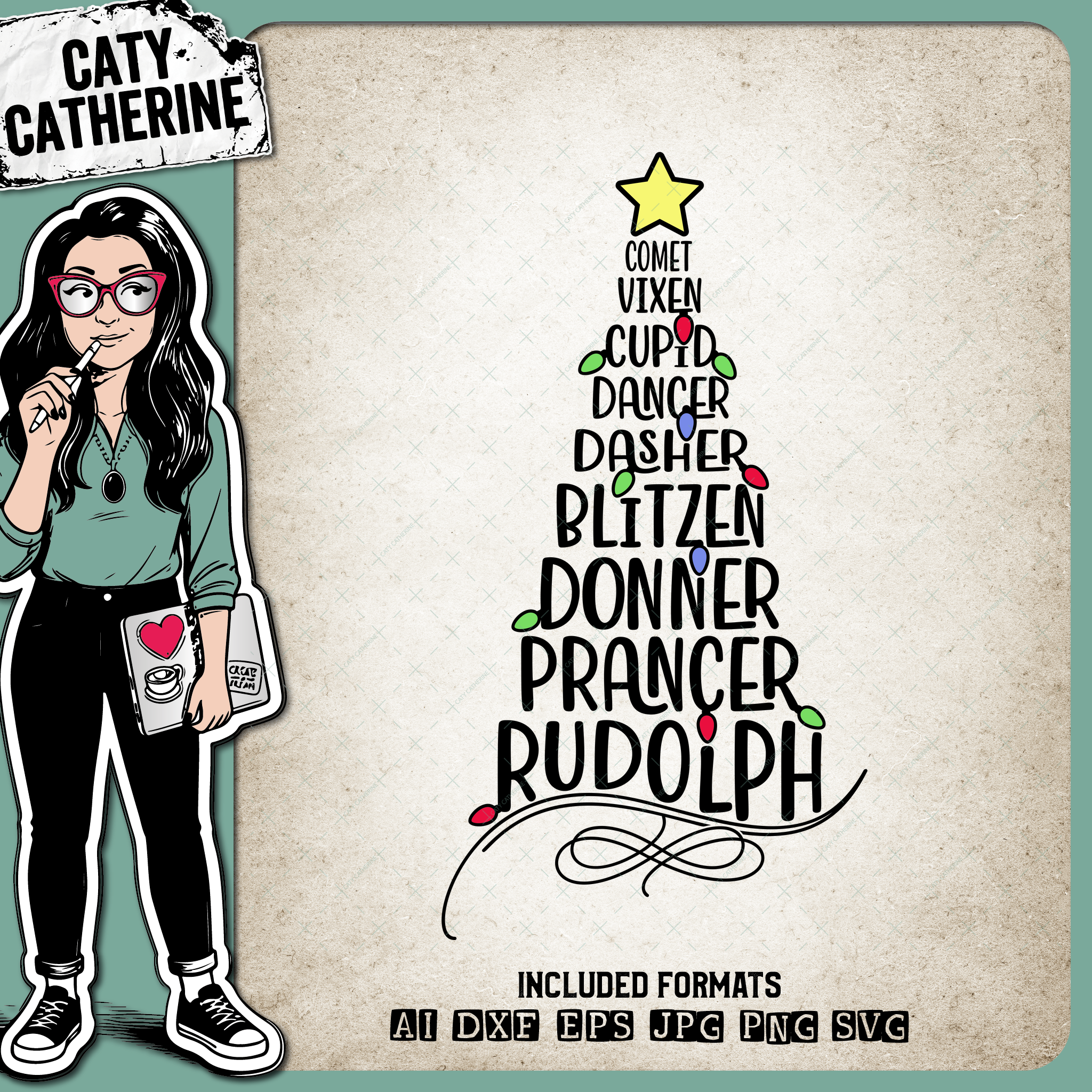 Reindeer Names Christmas Tree with Lights – SVG Design by Caty Catherine