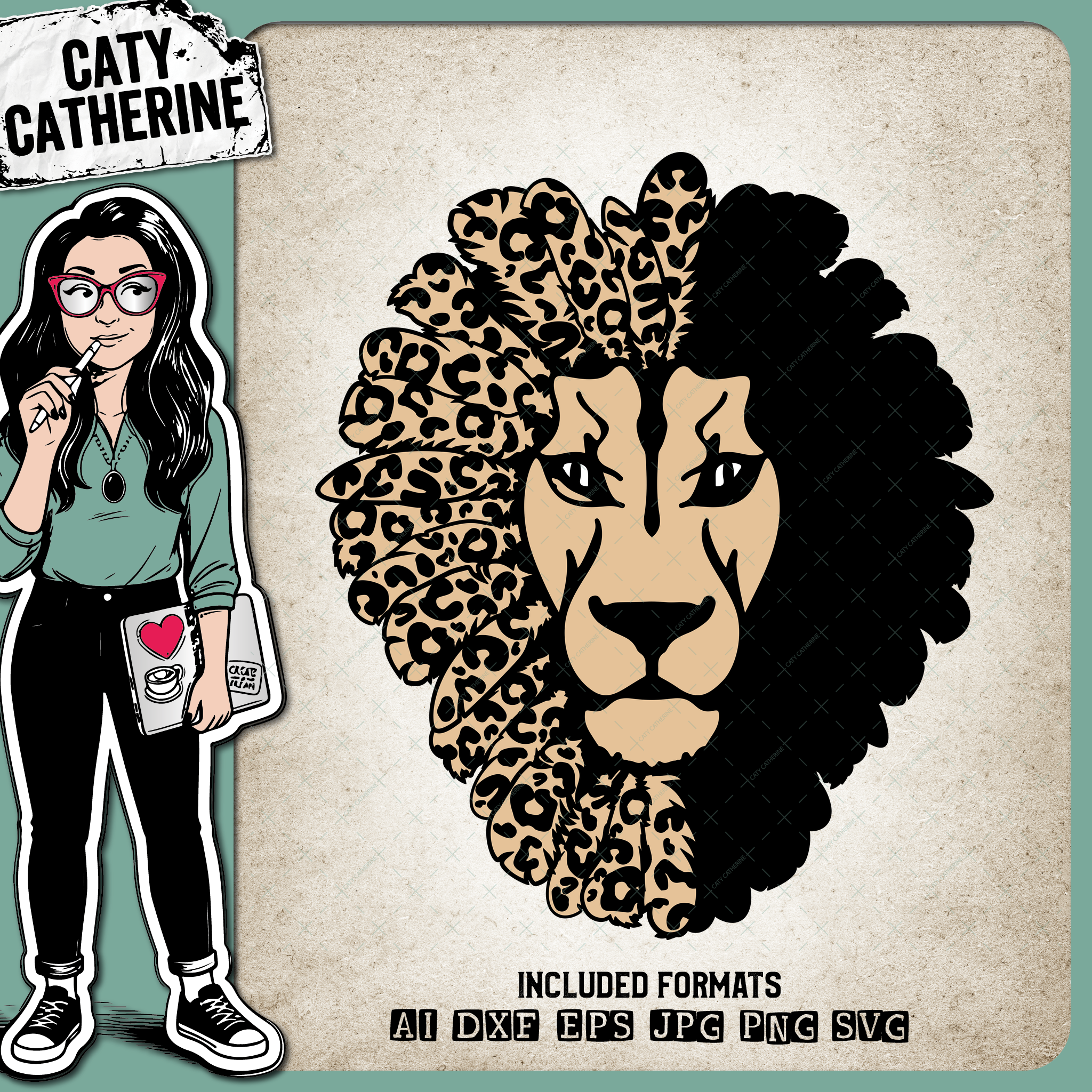 Lion Head with Animal Leopard Print Feathered Mane – Pets & Animals SVG Design by Caty Catherine