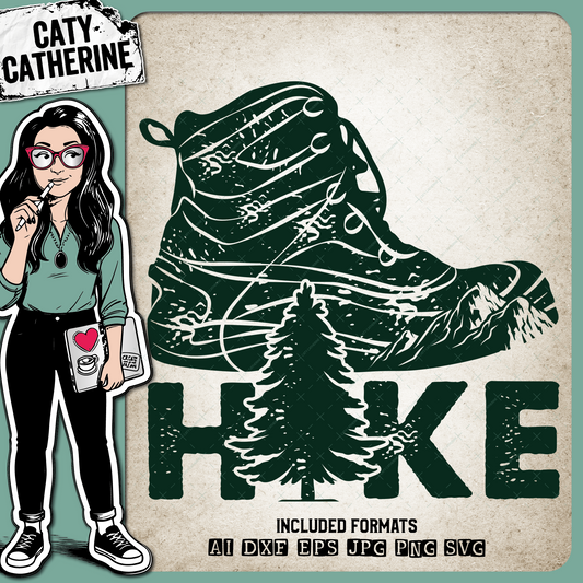 Hike Graphic with Hiking Boot Mountains Pine Tree Hiker – Outdoors SVG Design by Caty Catherine