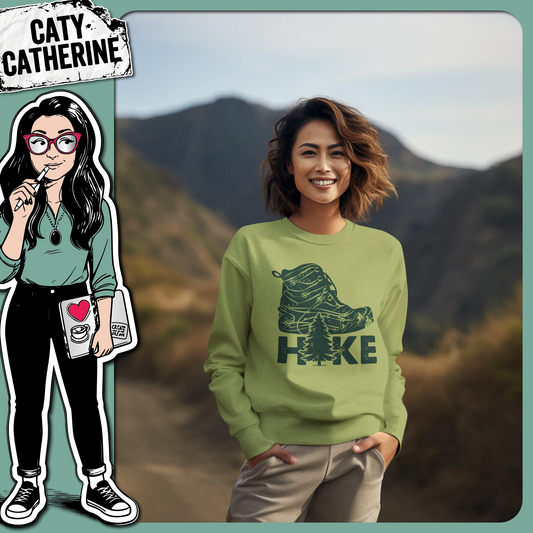 Hike Graphic with Hiking Boot Mountains Pine Tree Hiker – Outdoors SVG Design by Caty Catherine