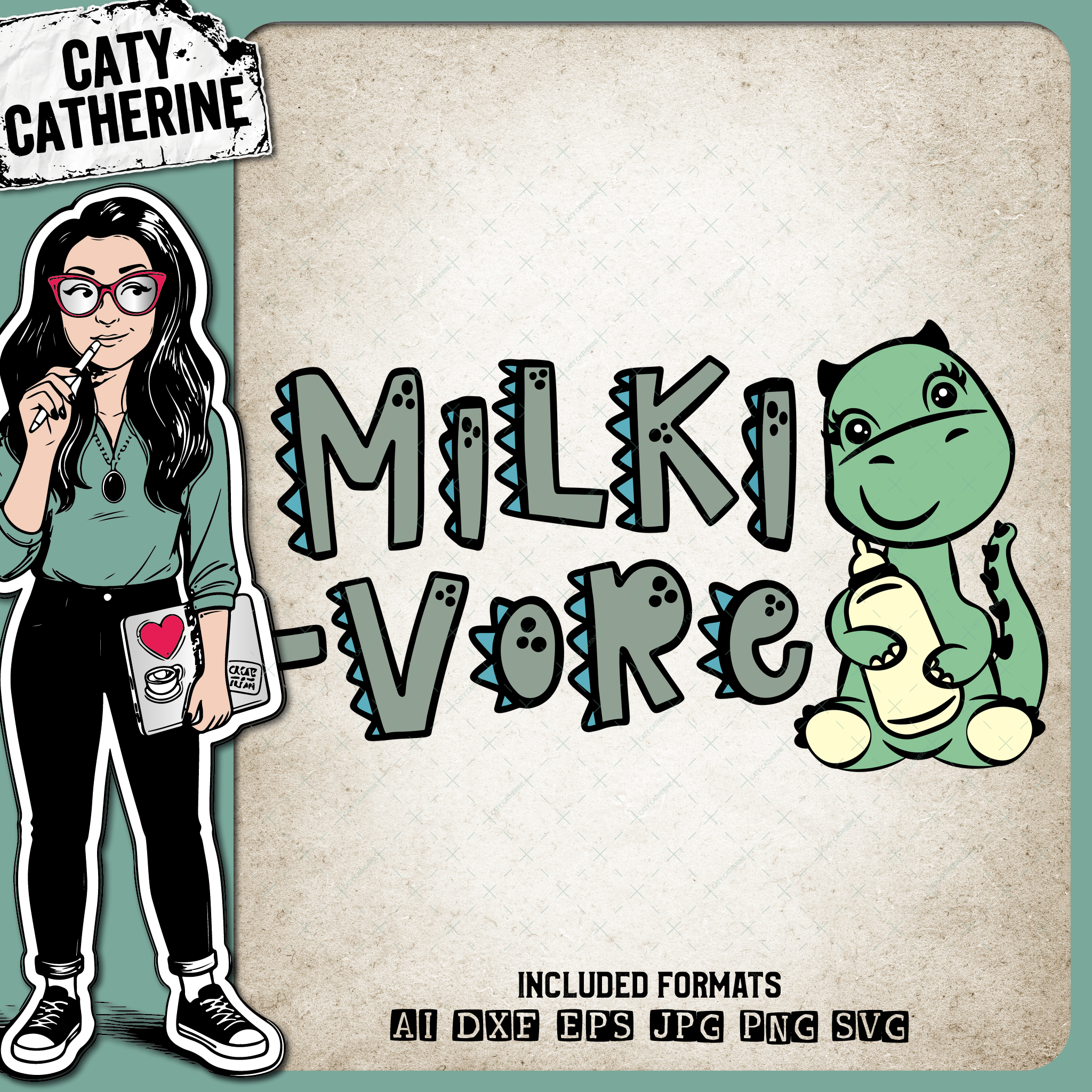 Milki-Vore Cute Dinosaur Drinking Milk – Babies & Kids SVG Design by Caty Catherine