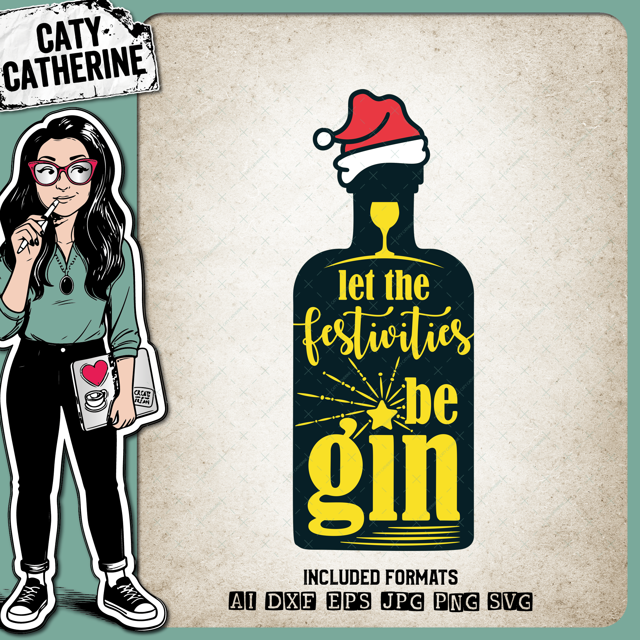 Let The Festivities Be Gin ( Begin ) Christmas Gin Bottle Santa Hat Quote – SVG Design by Caty Catherine