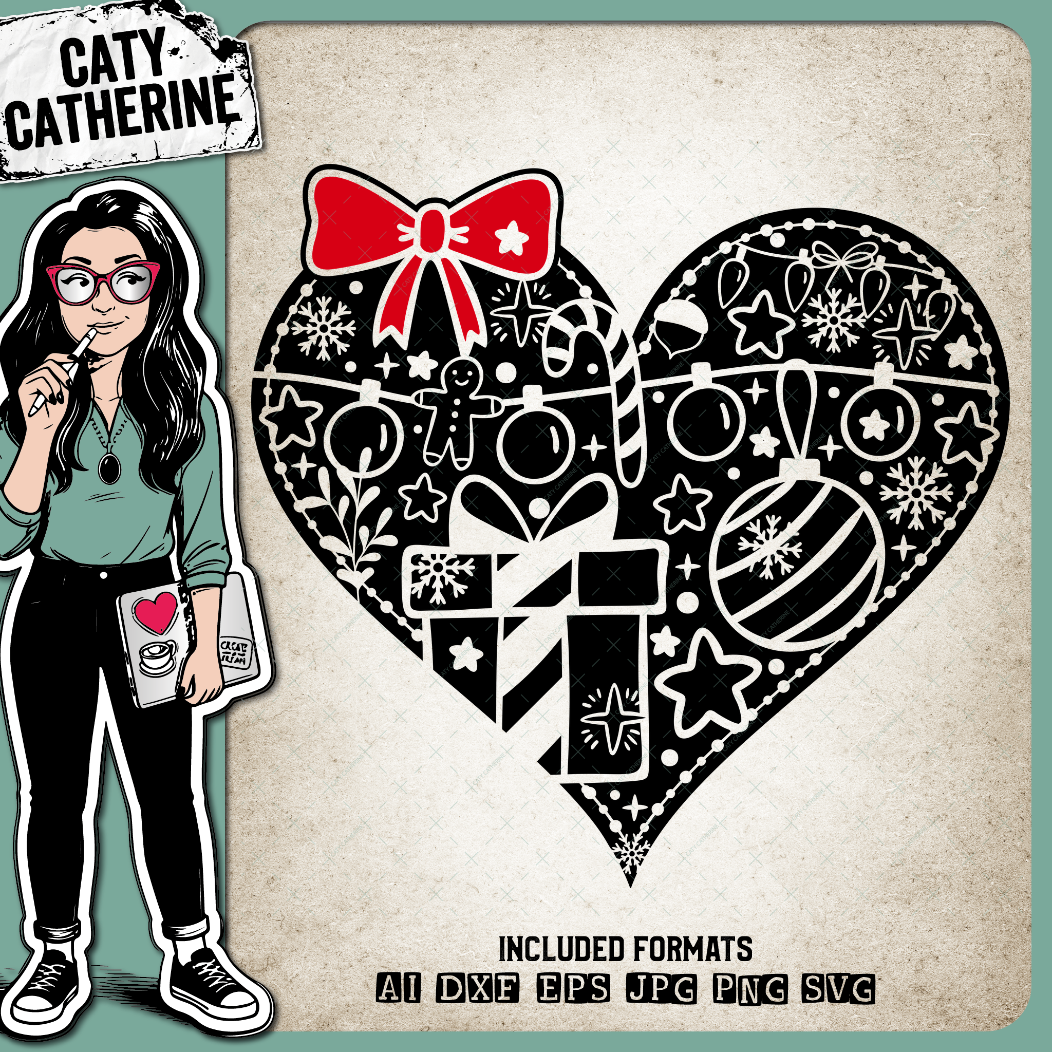 Christmas Doodle Love Heart with Bow – SVG Design by Caty Catherine