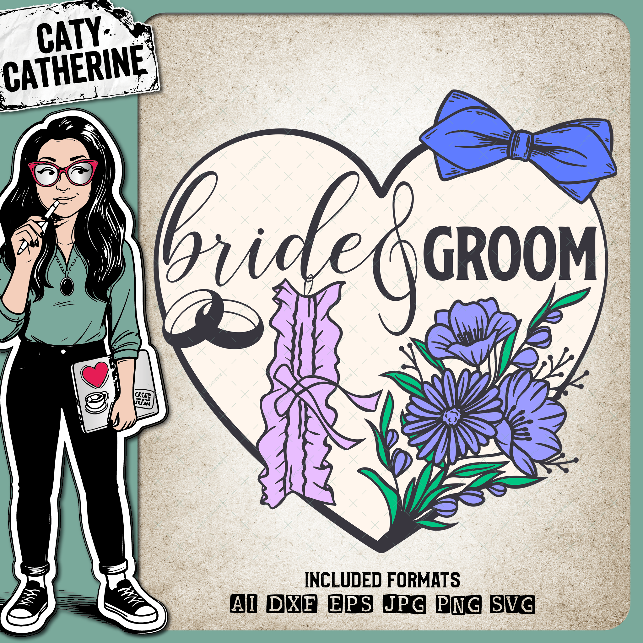 Bride & Groom Love Heart with Bow Tie and Garter – Wedding SVG Design by Caty Catherine