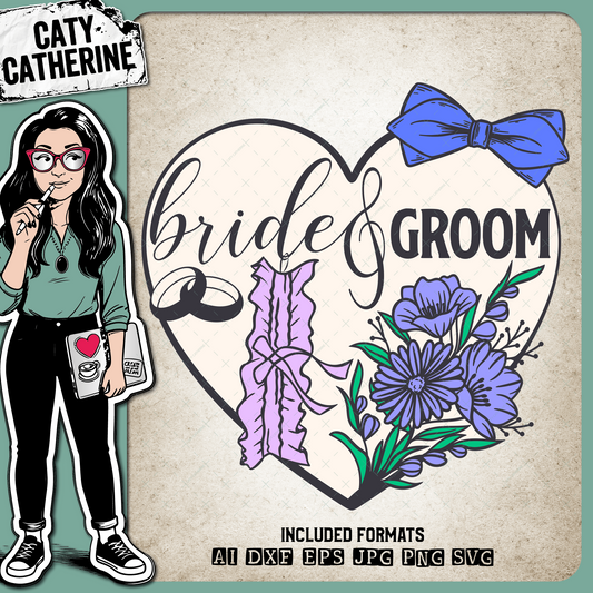 Bride & Groom Love Heart with Bow Tie and Garter – Wedding SVG Design by Caty Catherine