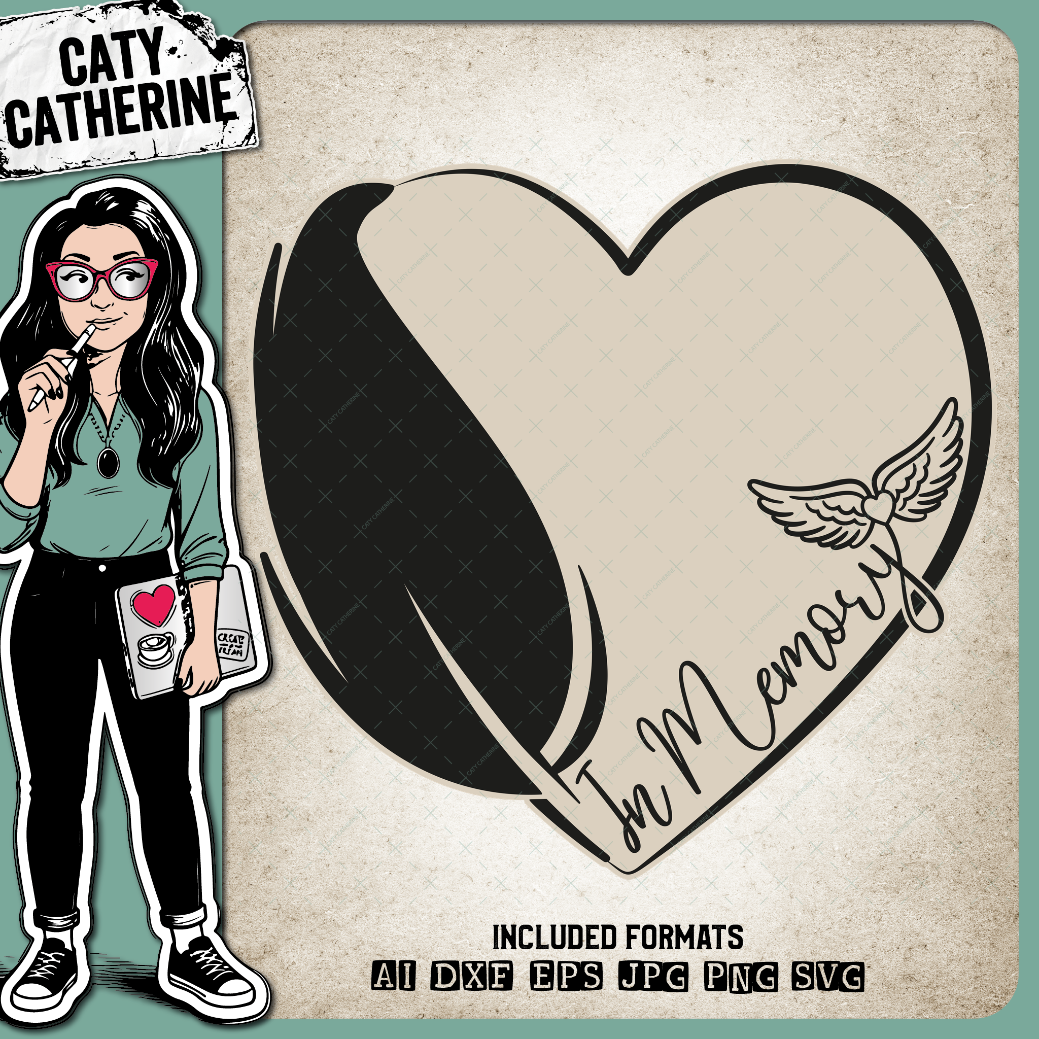 In Memory Love Heart with Feather & Wings Remembrance – SVG Design by Caty Catherine