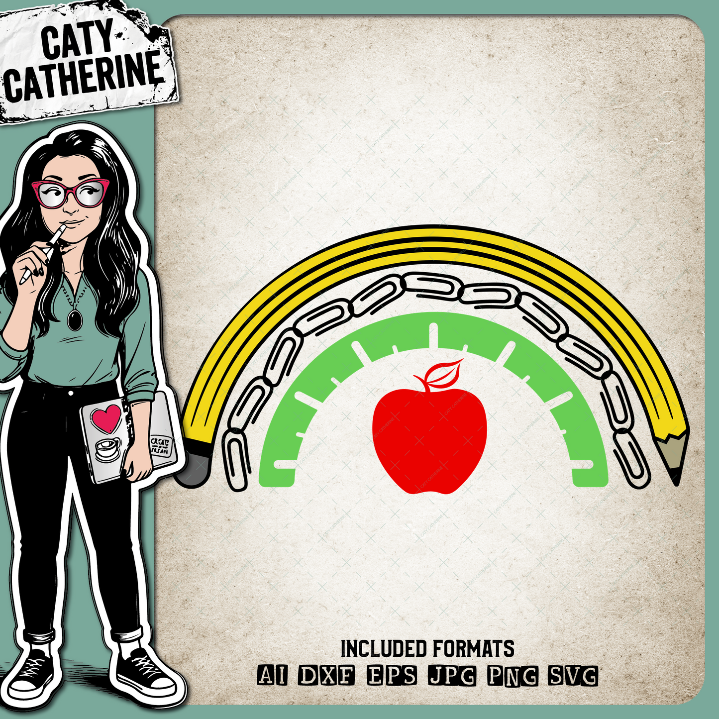 School Teacher Stationery Rainbow Pencil Paper Clip Ruler Apple – Occupations SVG Design by Caty Catherine