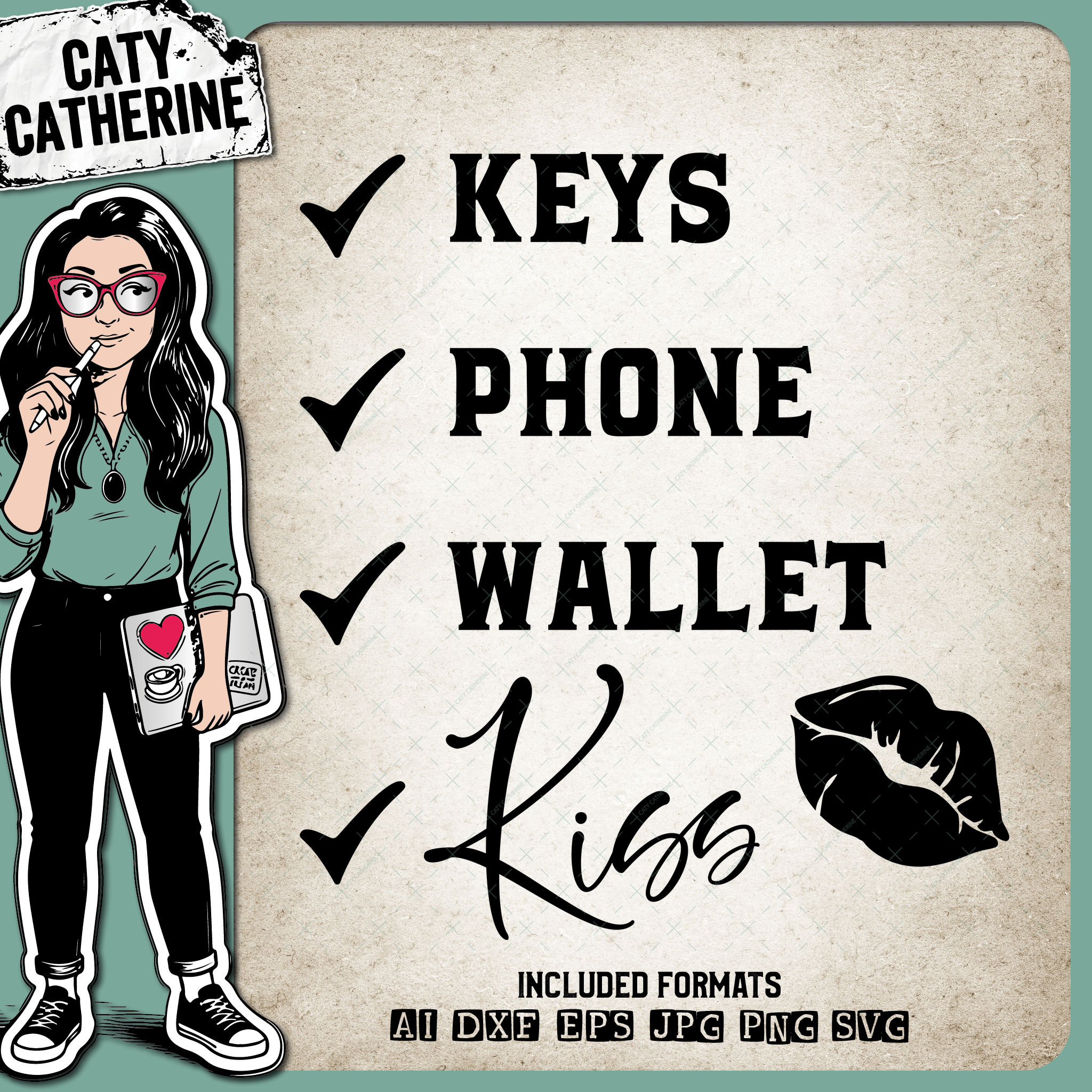 DIY Welcome Mat Keys Phone Wallet Kiss with Lips – Home Decor SVG Design by Caty Catherine