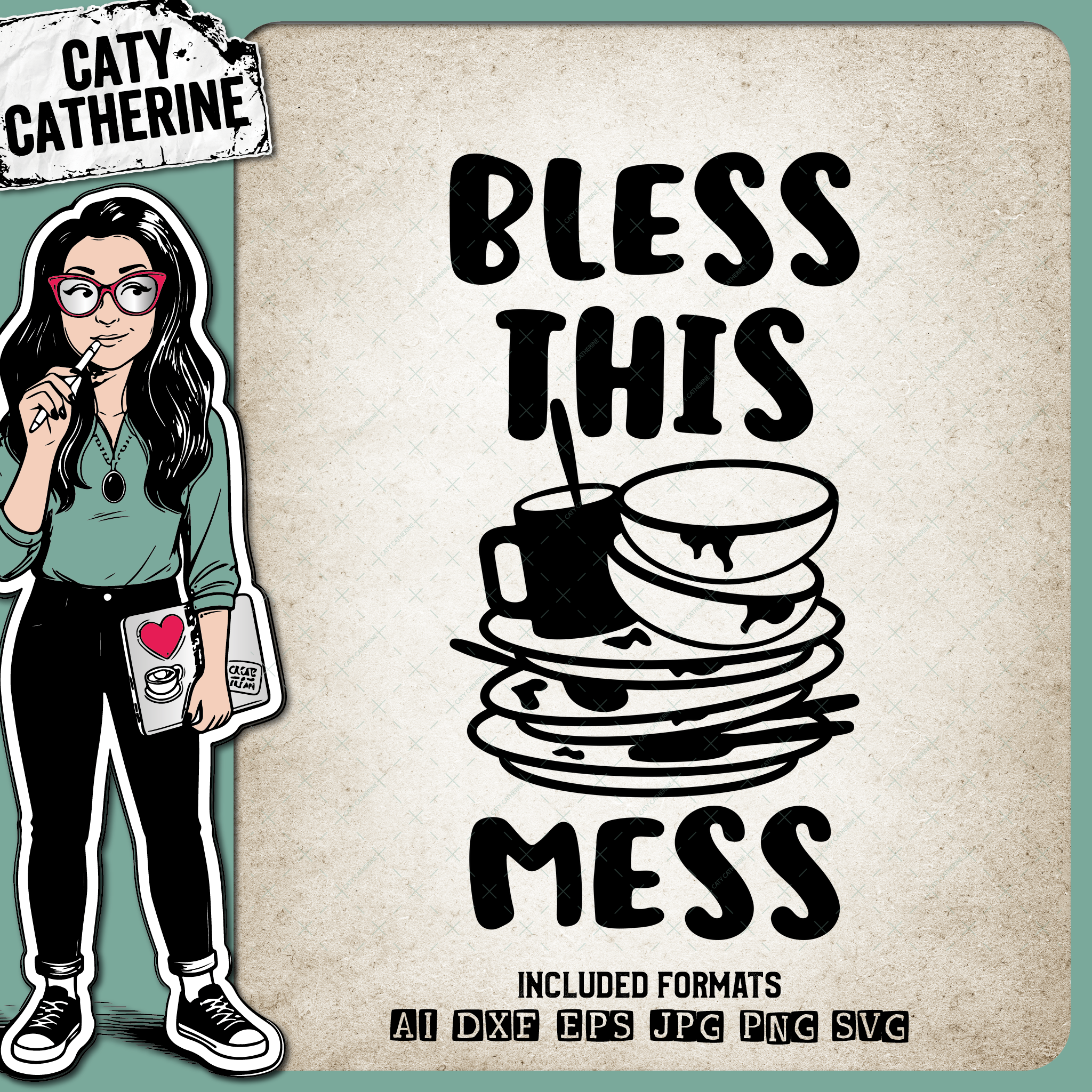 Bless This Mess Dirty Dishes Kitchen Quote – Home Decor SVG Design by Caty Catherine