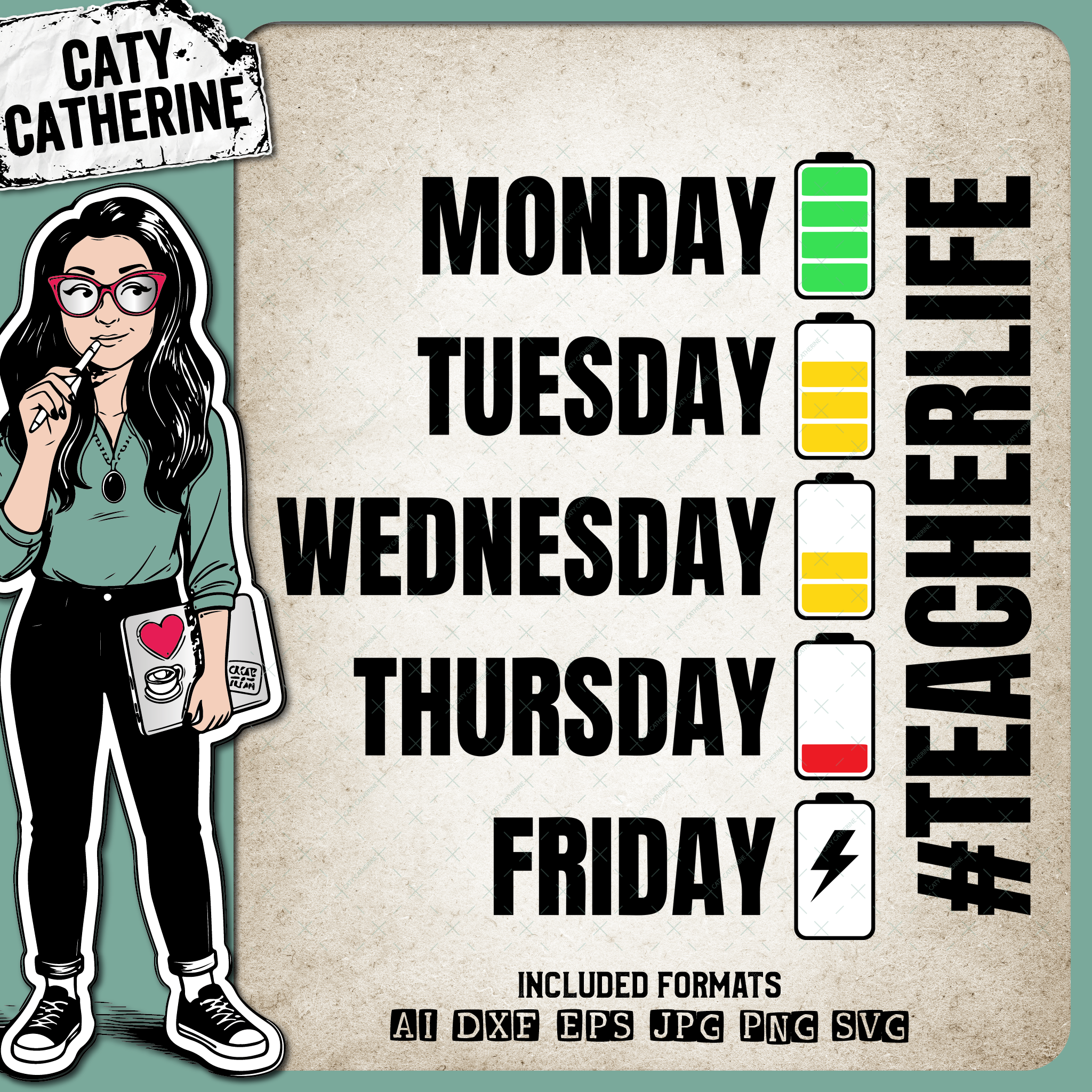 Battery Life of a Tired Exhausted Teacher #teacherlife Funny Teaching Graphic – Occupations SVG Design by Caty Catherine