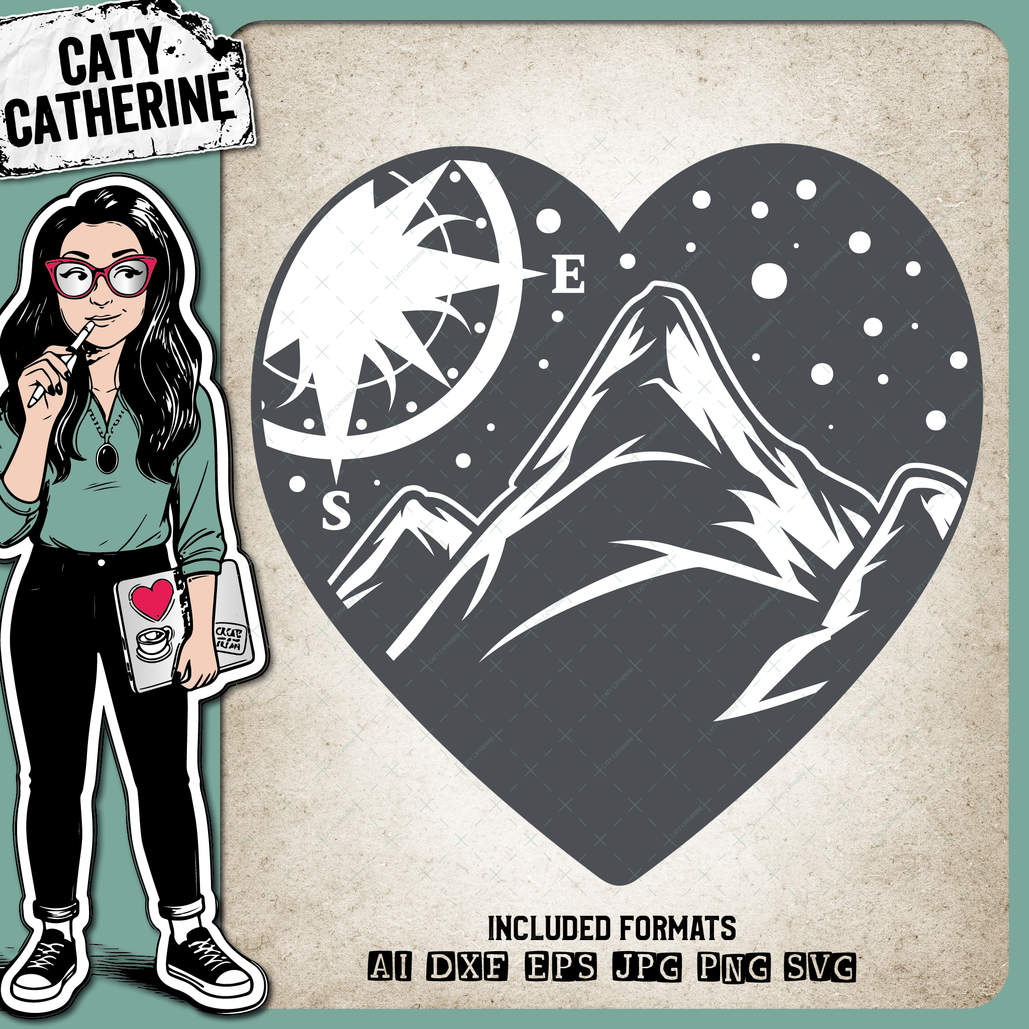 Mountains & Compass Love Heart – Outdoors SVG Design by Caty Catherine