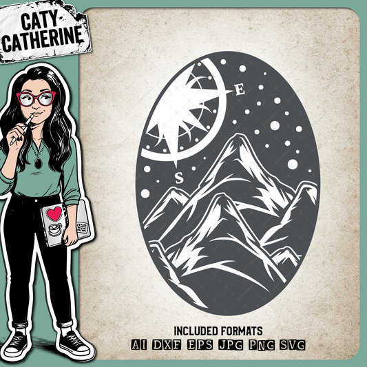 Mountains & Compass Oval Graphic – Outdoors SVG Design by Caty Catherine