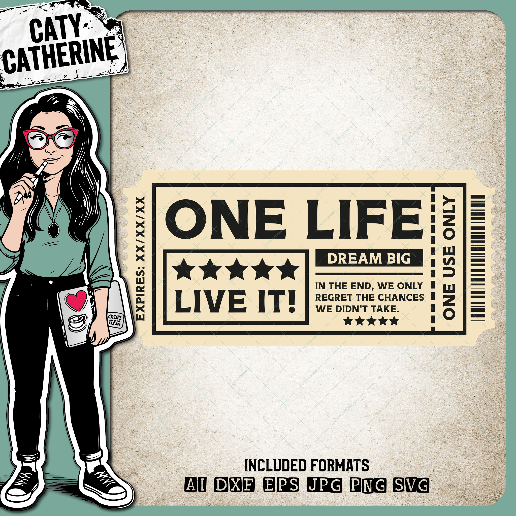 Vintage Retro Cinema Ticket One Life Live It Inspirational Quote – Quotes & Sayings SVG Design by Caty Catherine