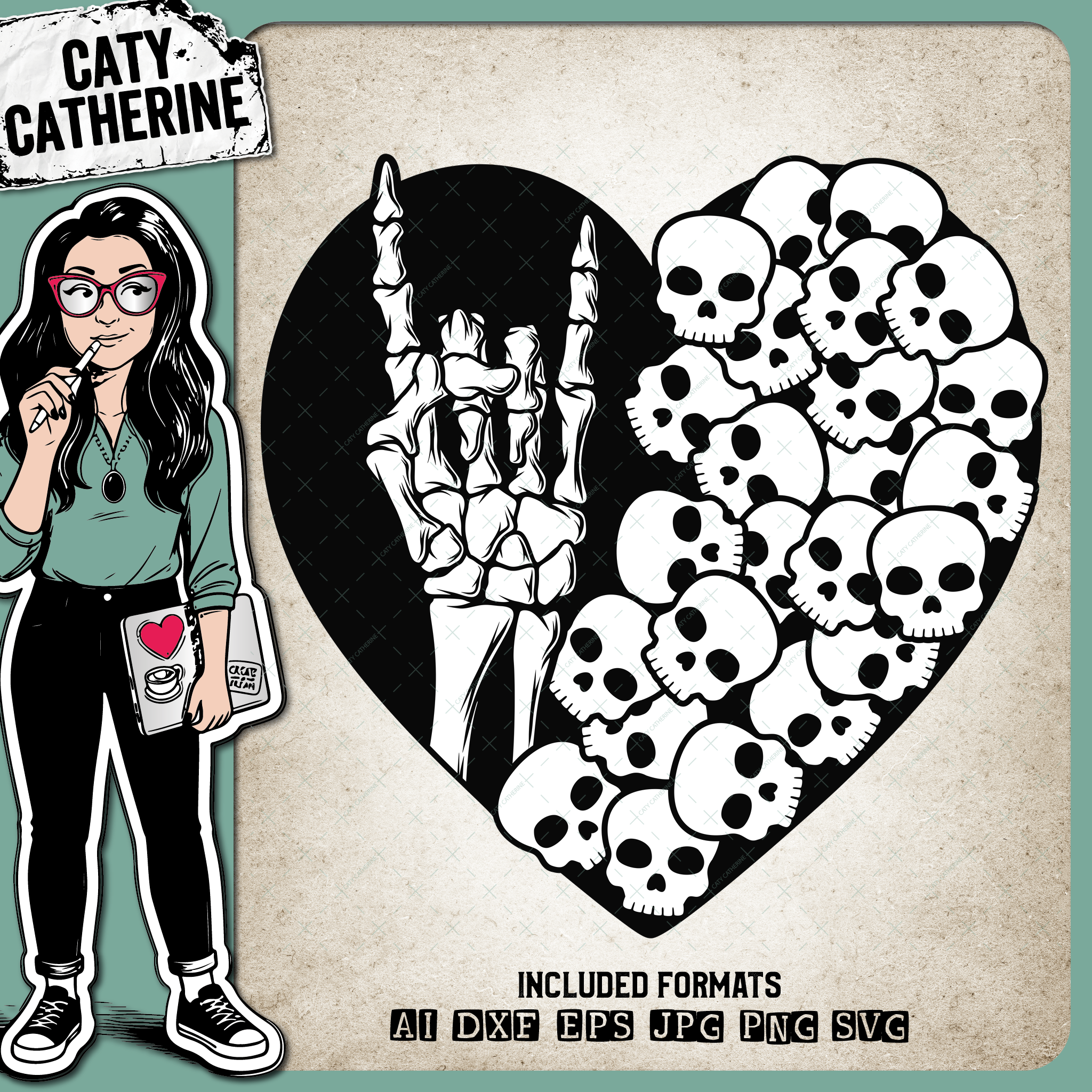 Rock & Roll Skeleton Hand with Skulls Love Heart Halloween – SVG Design by Caty Catherine