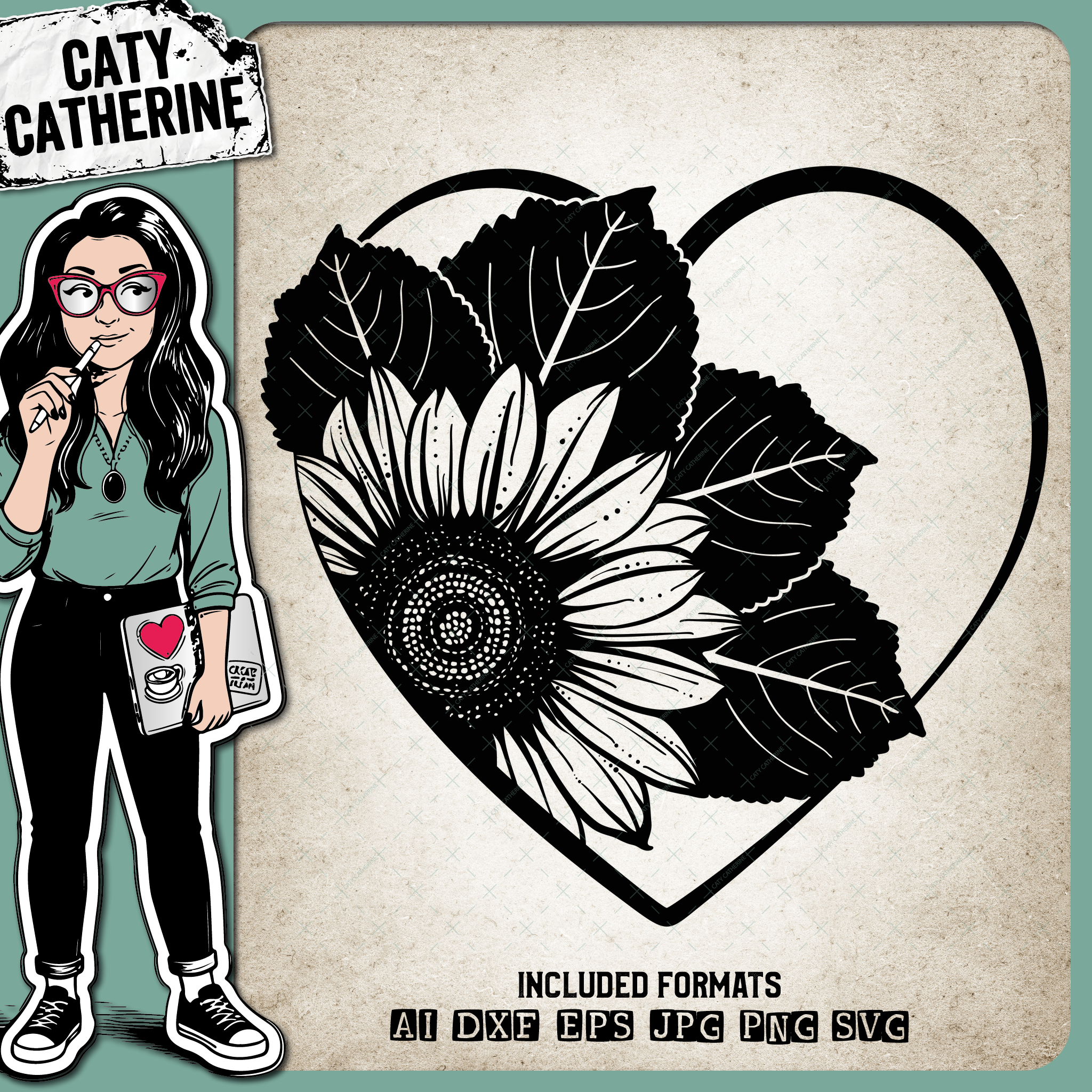 Sunflower with Leaves Love Heart – SVG Design by Caty Catherine