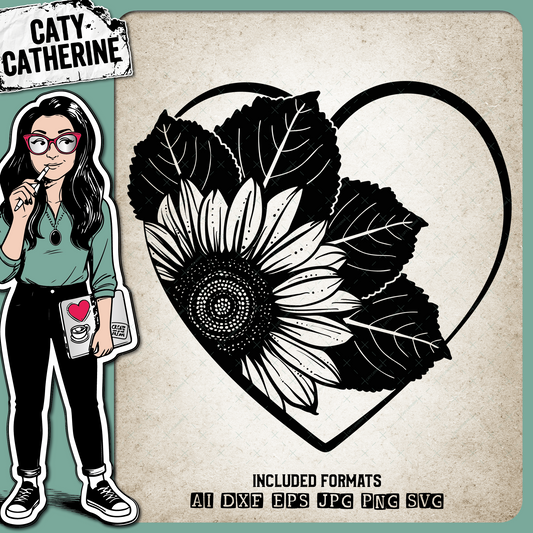 Sunflower with Leaves Love Heart – SVG Design by Caty Catherine