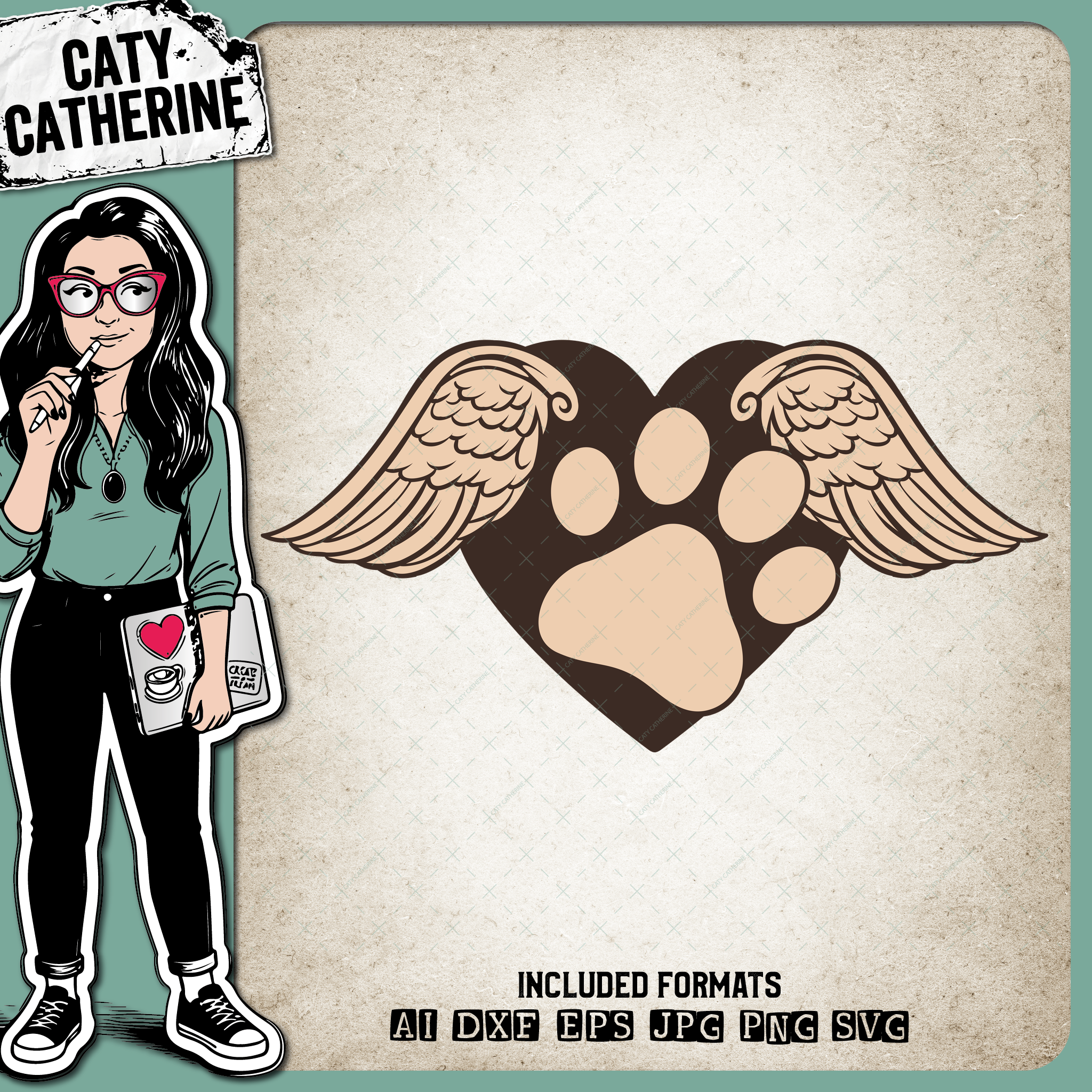 Love Heart Paw Print Dog Remembrance Angel Wings – Pets & Animals SVG Design by Caty Catherine